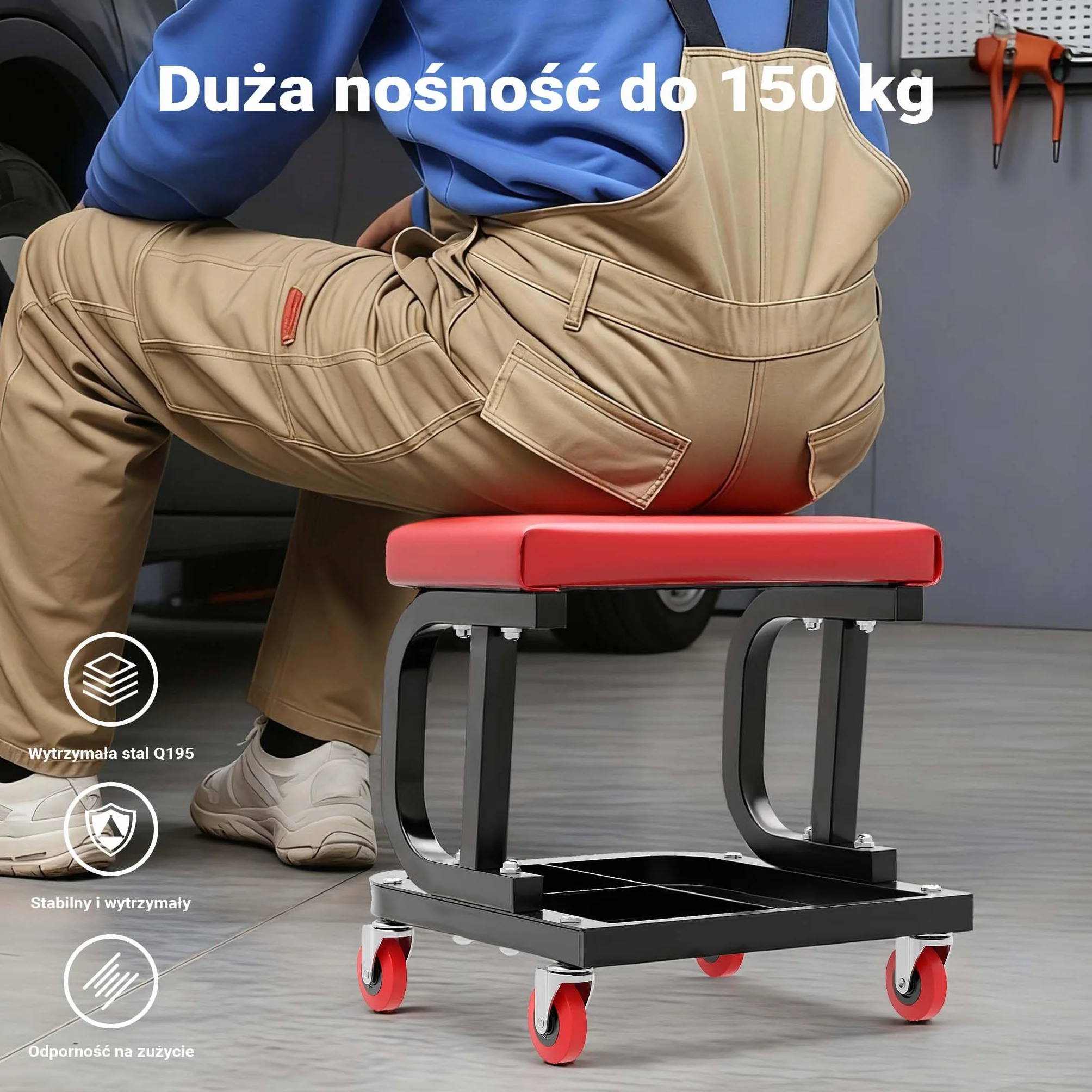 Wiltec Taboret warsztatowy na kółkach z półką i obrotowym siedziskiem do 150 kg, mobilny stołek roboczy, krzesło warsztatowe do garażu z półką