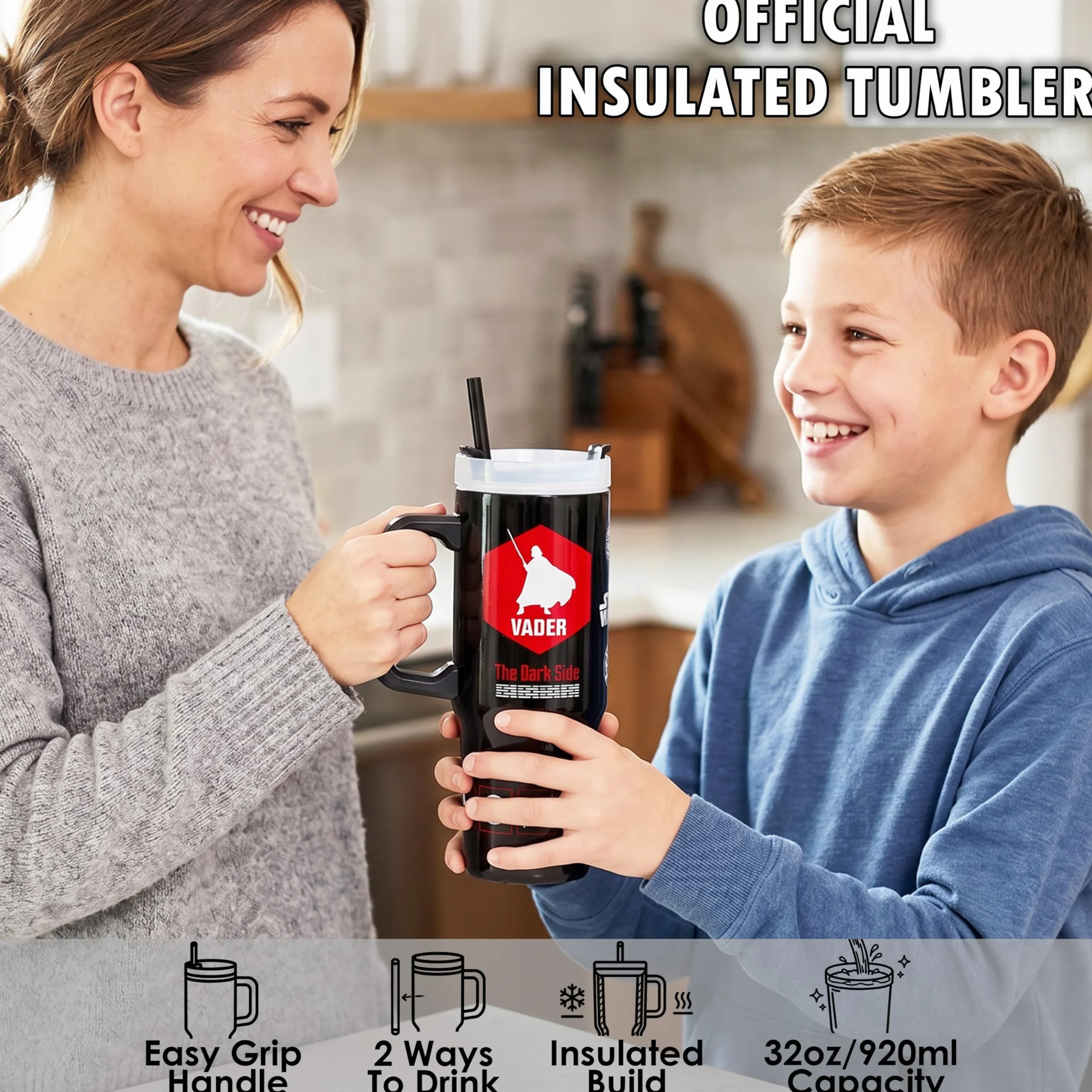 Get Trend Star Wars Izolowany kubek 920 ml, butelka na wodę ze słomką i uchwytem, lód do 42H zimna 12H i gorąca 8H, szczelny podróżny kubek do kawy, butelka na napoje, prezenty Darth Vader