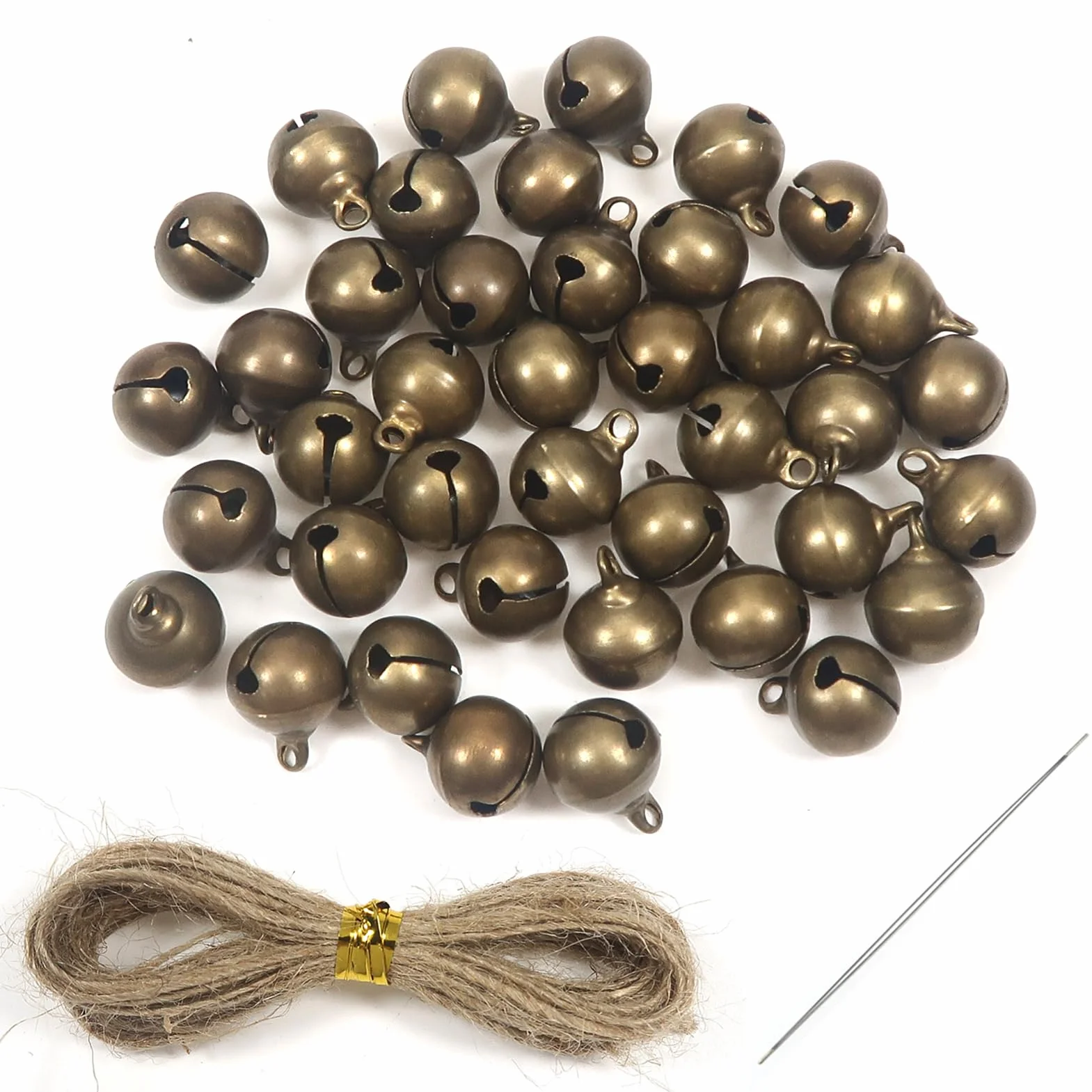 TOAOB Zestaw 40 małych dzwonków 12 mm, antyczne, brązowe, dzwoneczki, dzwoneczki, mini dzwonki z liną konopną, 5 metrów, do kreatywnej dekoracji, tworzenia biżuterii