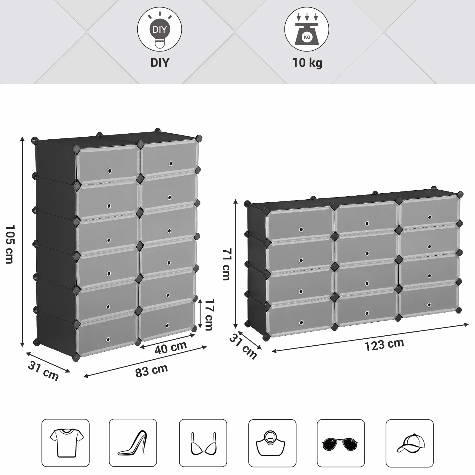 SONGMICS LPC26HV1 Regał na buty z tworzywa sztucznego, system regałowy, regał wtykowy, regał do przechowywania, szafa na ubrania, metalowy drut, 83 x 31 x 105 cm, czarny