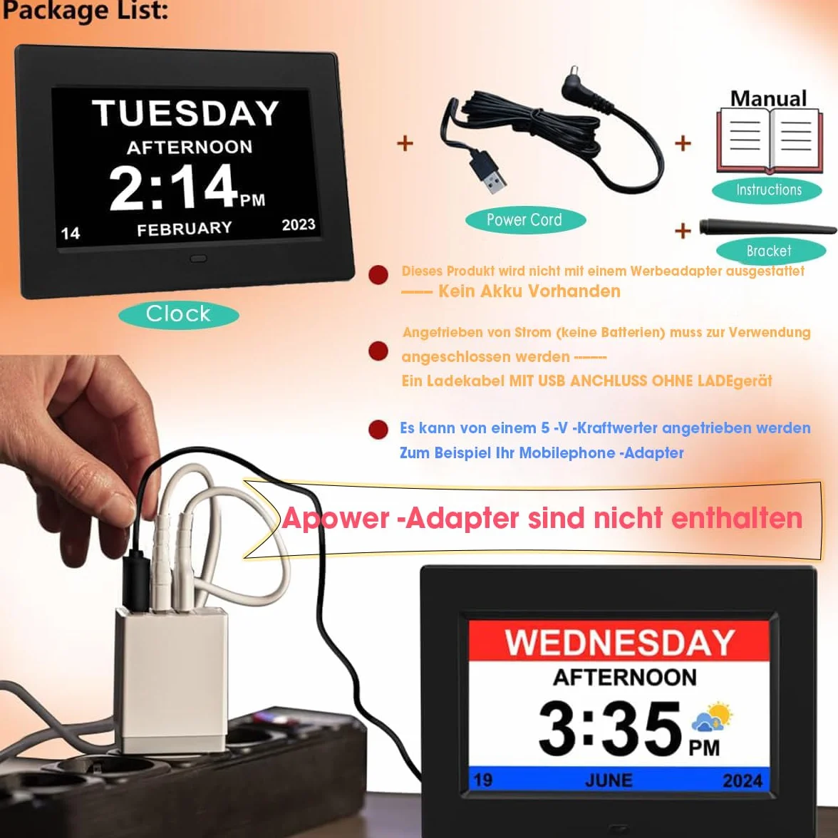 Cyfrowy budzik 7-calowy z automatyczną regulacją jasności, wyświetlacz LCD z wilgotnością i temperaturą
