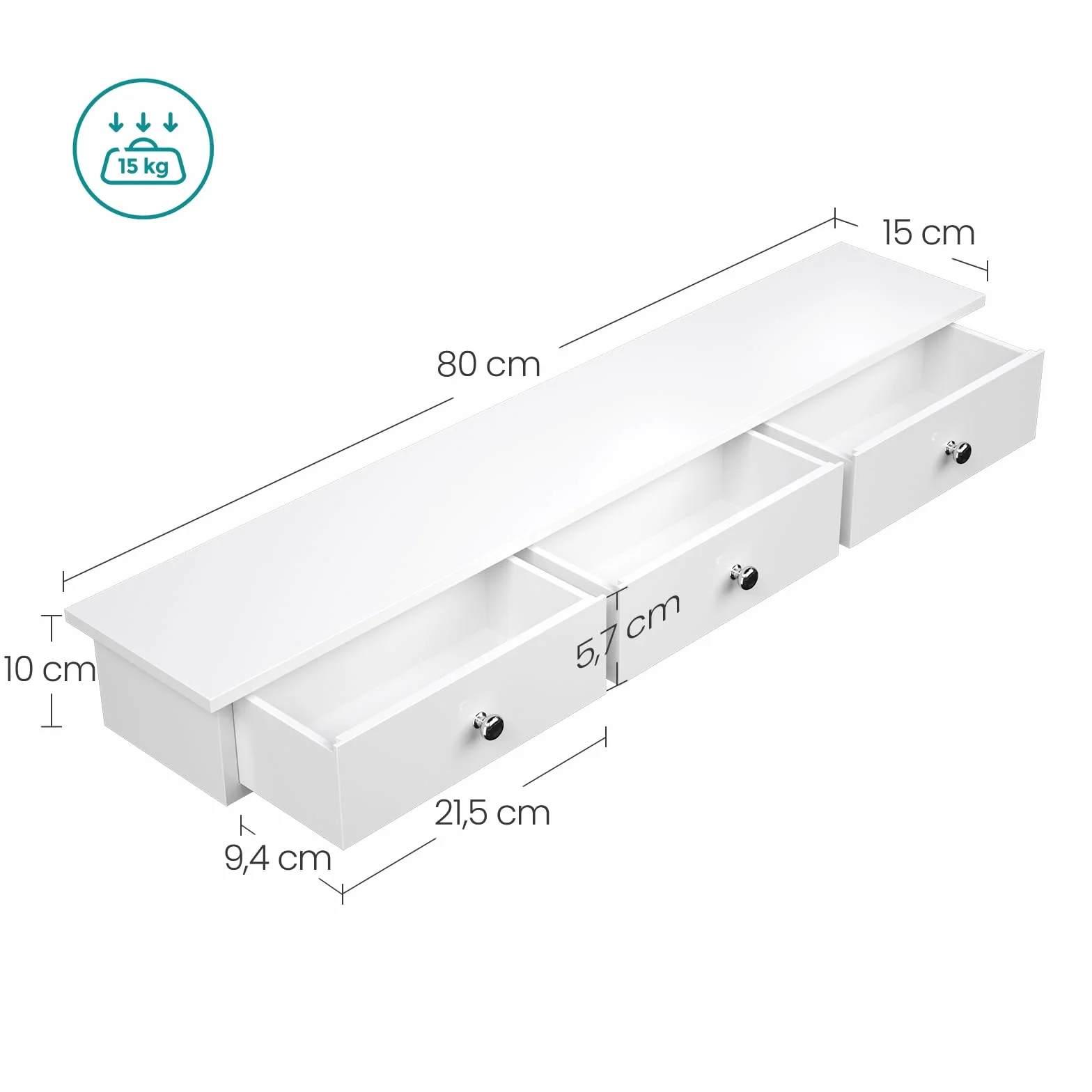 SONGMICS Regał ścienny z 3 szufladami, szafka ścienna, 80 x 15 x 10 cm, do korytarza, salonu, sypialni, kuchni, malowania o wysokim połysku, biały LWS085W01