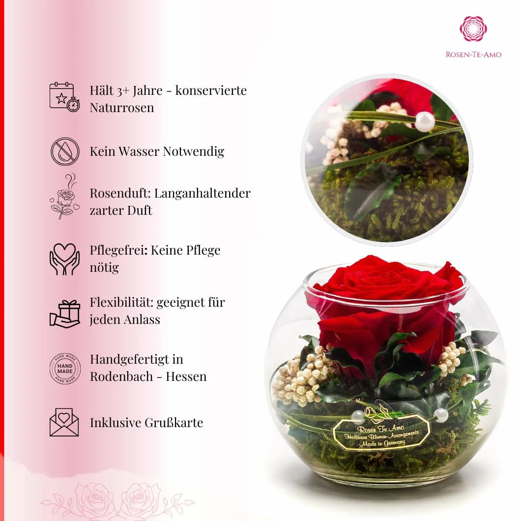 Rosen-Te-Amo wieczna czerwona róża w wazonie, bukiet kwiatów w szkle, 100% z prawdziwych roślin