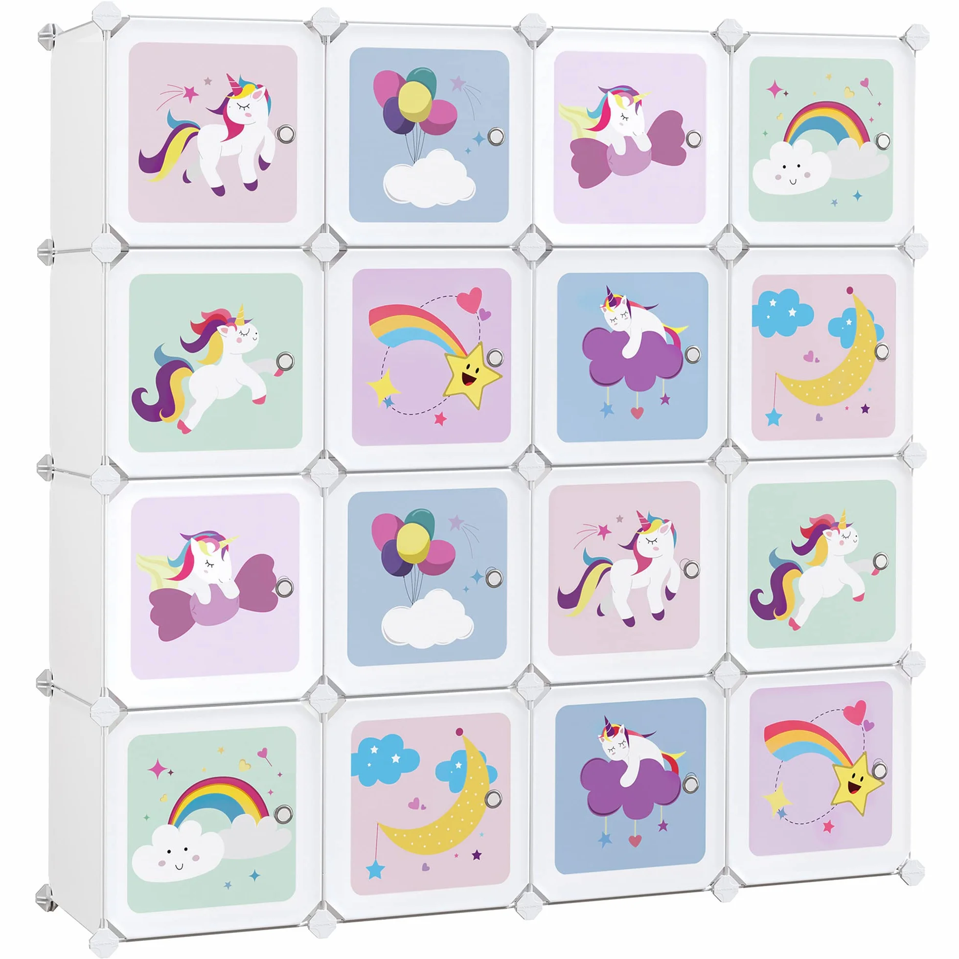 SONGMICS LPC906W01 System regałowy z 16 kostkami, szafa do przechowywania dla dzieci, szafa na ubrania i buty z drzwiami, z tworzywa sztucznego, regał wtykowy, uniwersalny, 123 x 31 x 123 cm, biały