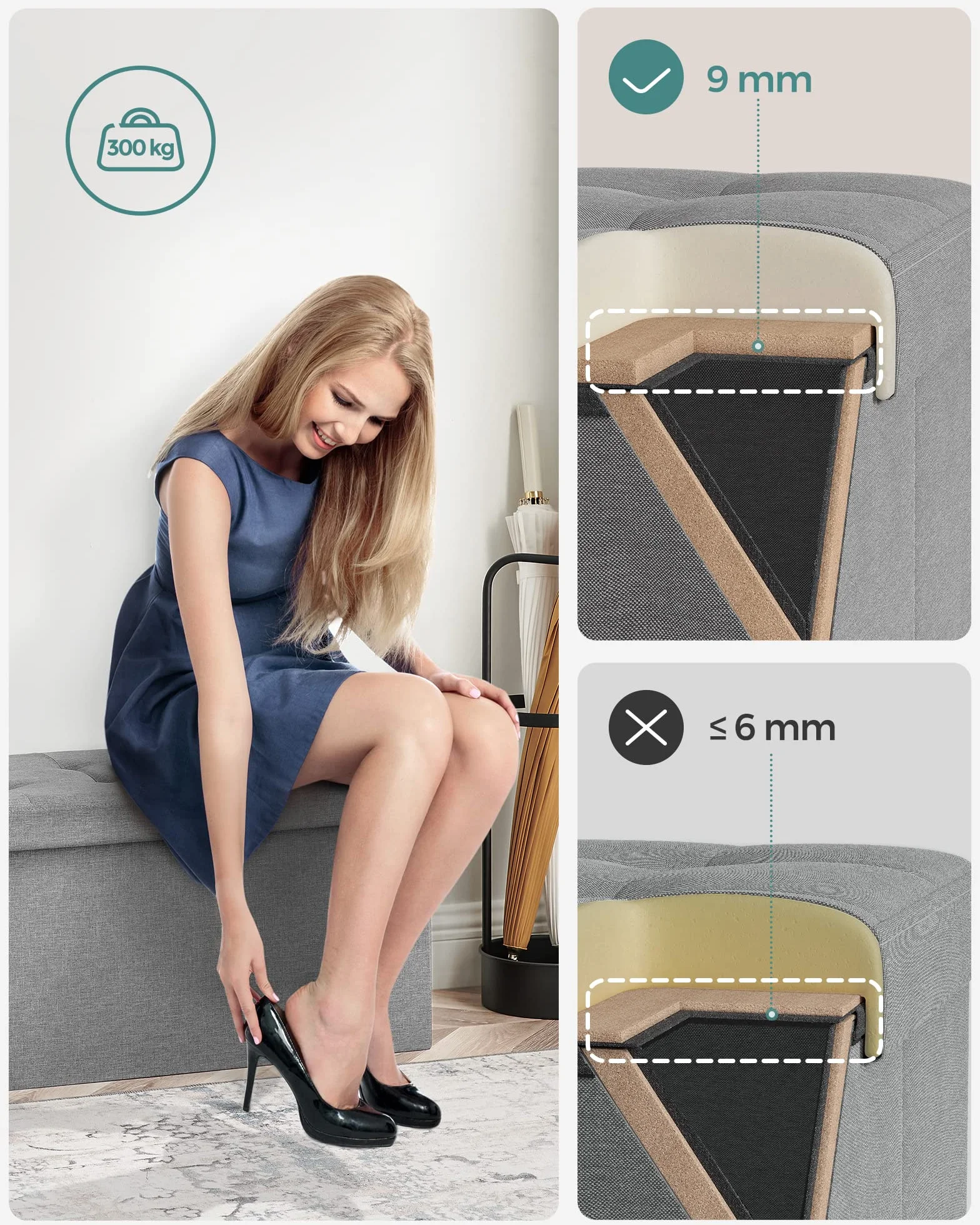 SONGMICS Ławka z miejscem do przechowywania 300 kg 80L 38x76x38 cm tkanina lniana jasnoszara LSF41G
