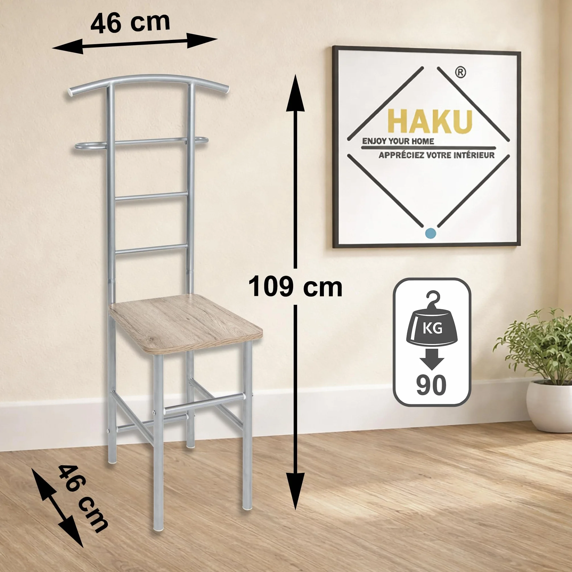 HAKU wieszak stojący dla mężczyzn jako krzesło, milczący służący, siedzisko, aluminium, dąb, MDF, metal – wymiary: szer. 46 x wys. 109 x gł. 46 cm, styl: nowoczesny
