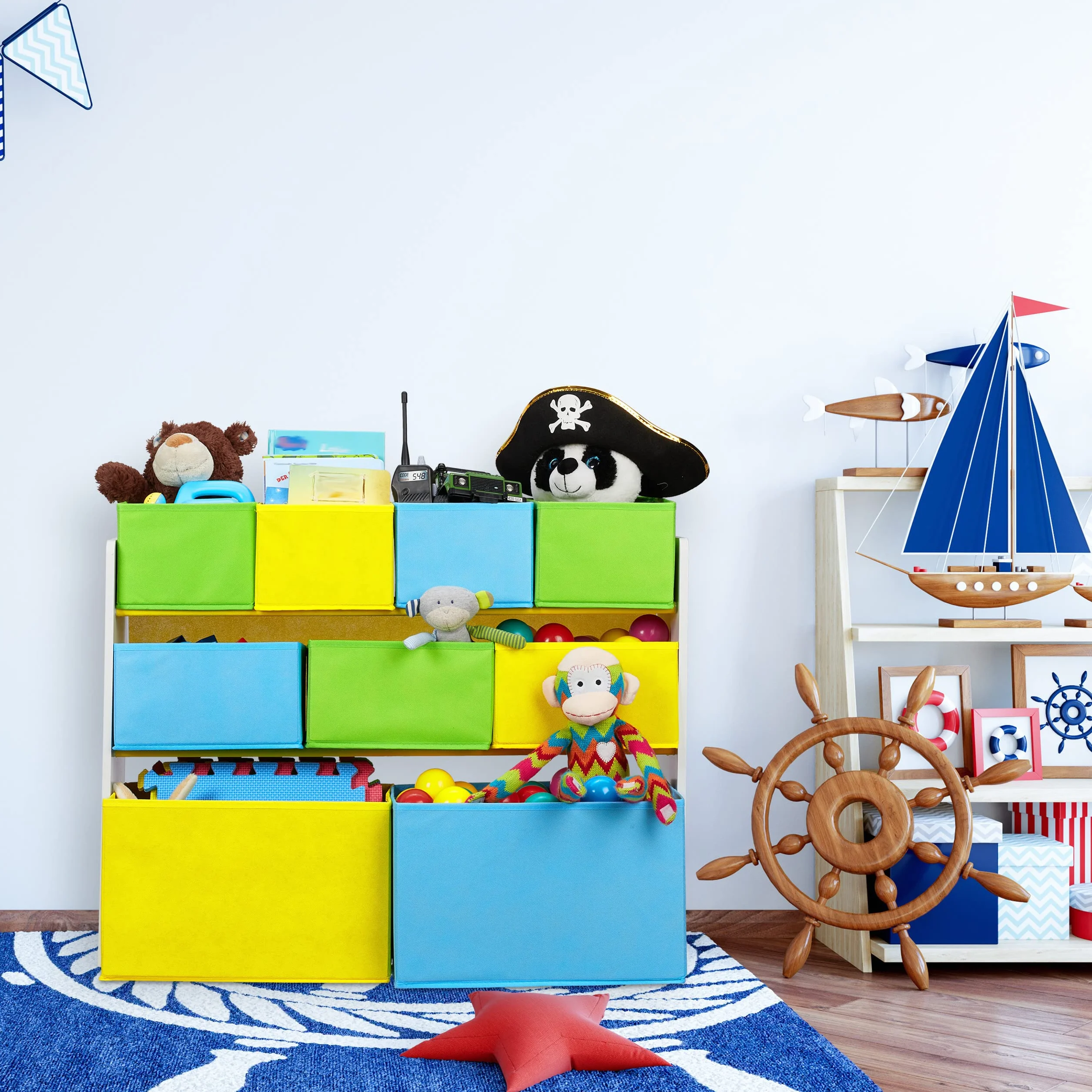 Relaxdays Regał dziecięcy z 9 pudełkami z materiału, ognisko z motywem dziecięcym, regał na zabawki, organizer wys. x szer. x gł.: 66 x 82,5 x 29,5 cm, kolorowy