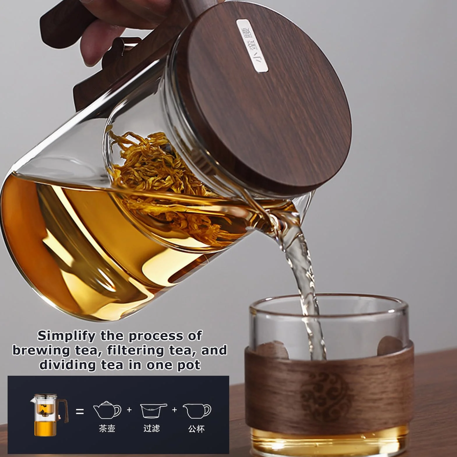 Szklany dzbanek do herbaty z zaparzaczem 700 ml, szkło borokrzemowe, drewniany uchwyt, szary