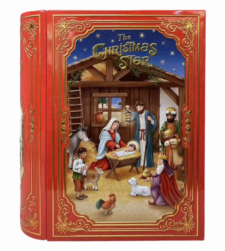 Duża blaszana puszka w kształcie bożonarodzeniowej książki Christmas Star, pojemnik na ciastka, 24,5 x 21 x 9 cm, 3 L