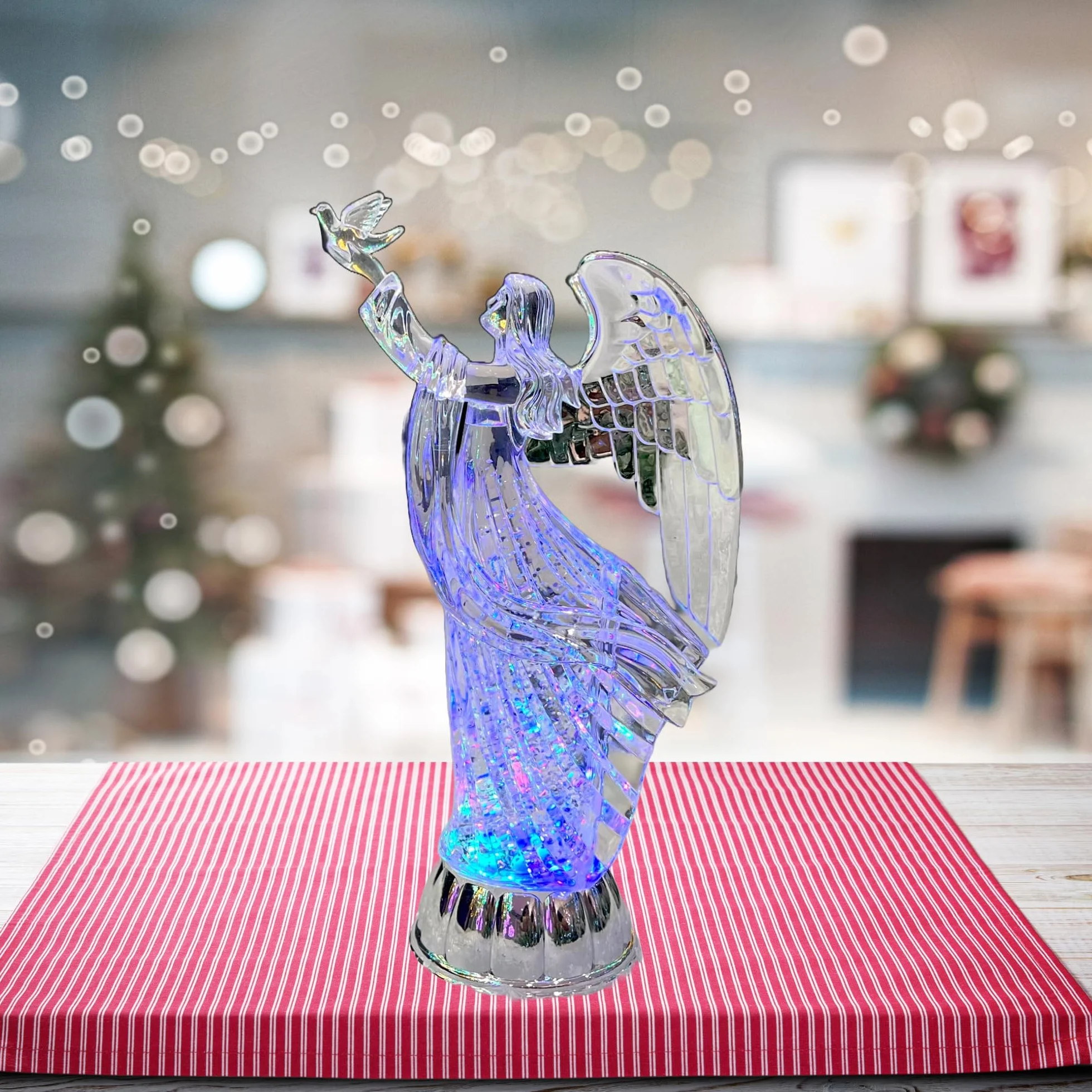 SHATCHI 30 cm LED świecąca figurka anioła – na cieście wirujący brokat obracający się na wodzie kula śnieżna - akrylowa ozdoba na stół Boże Narodzenie dekoracje do domu, powierzchnia boczna
