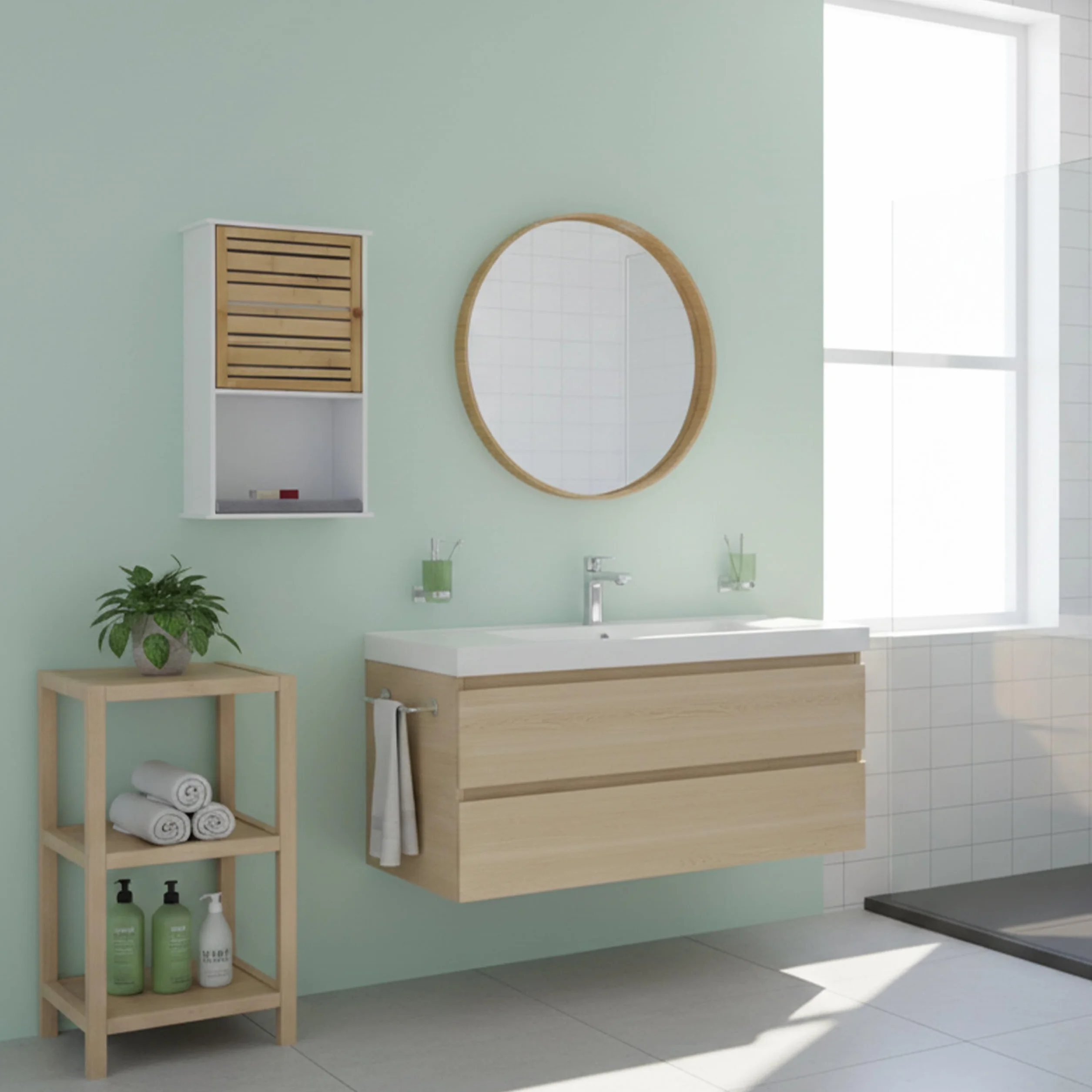 Relaxdays Szafka wisząca łazienkowa, 3 półki, wys. x gł.: 70 x 40 x 20 cm, szafka z drzwiami bambusowymi, wąska szafka ścienna, biała/naturalna
