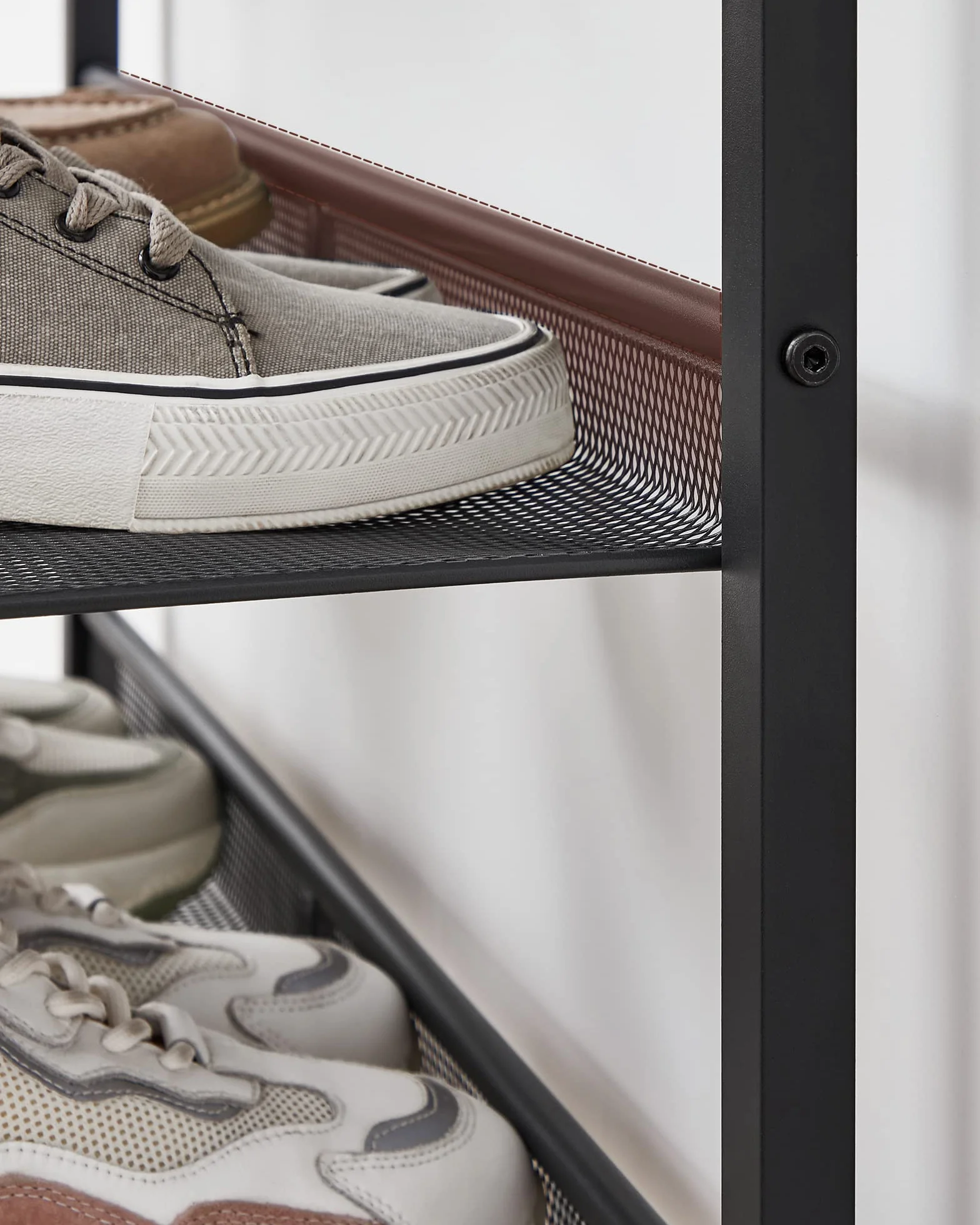 VASAGLE 5-warstwowy regał na buty, wysoki organizer na buty z 4 półkami z siatki i dużą górną częścią do toreb, oszczędność miejsca, do przedpokoju, stali, przemysłu, rustykalny brązowy i czarny