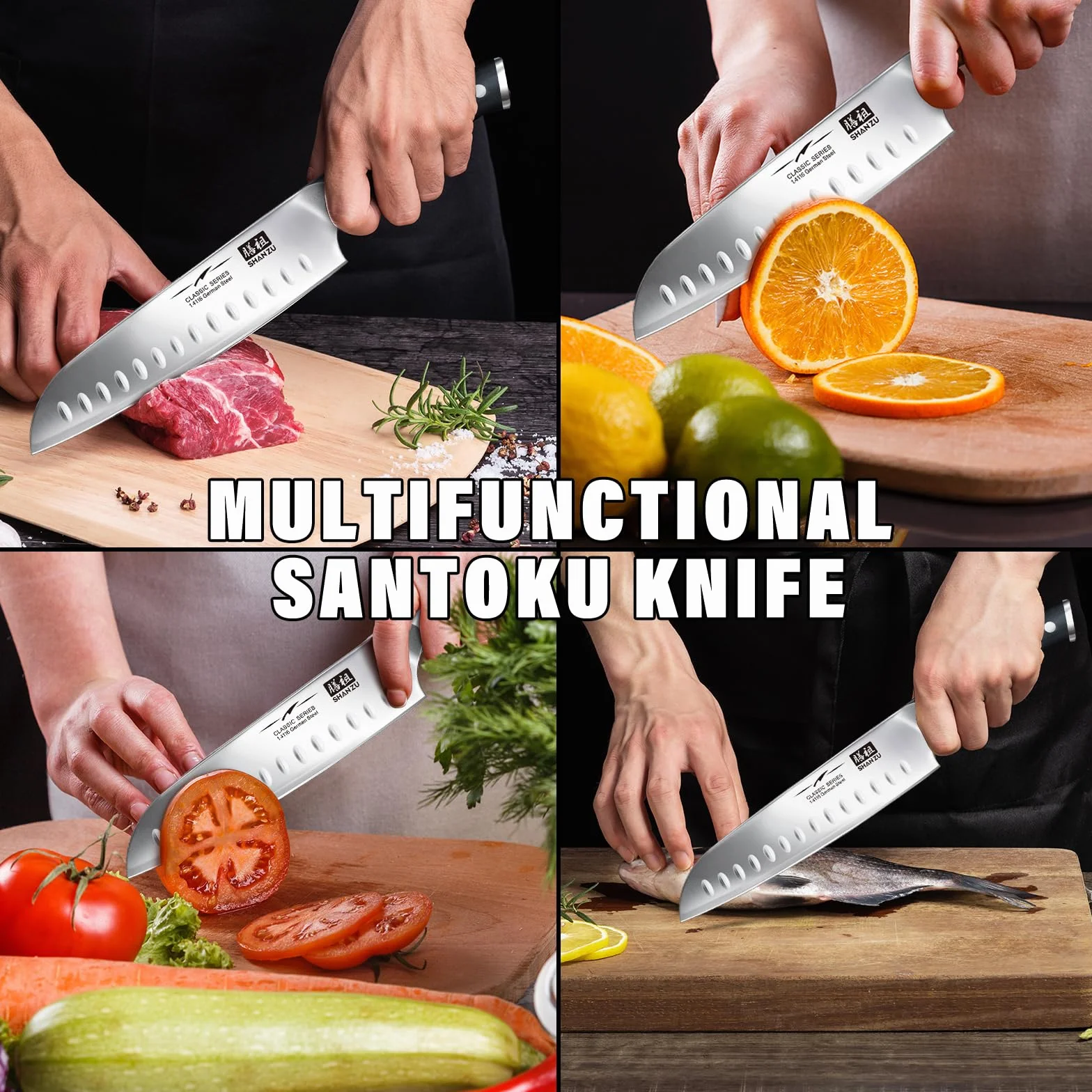 Nóż szefa kuchni Nóż kuchenny, Nóż szefa kuchni SHAN ZU Santoku Niemiecka stal nierdzewna Ostre ostrze noża 18cm Ergonomiczny uchwyt Pudełko na prezent