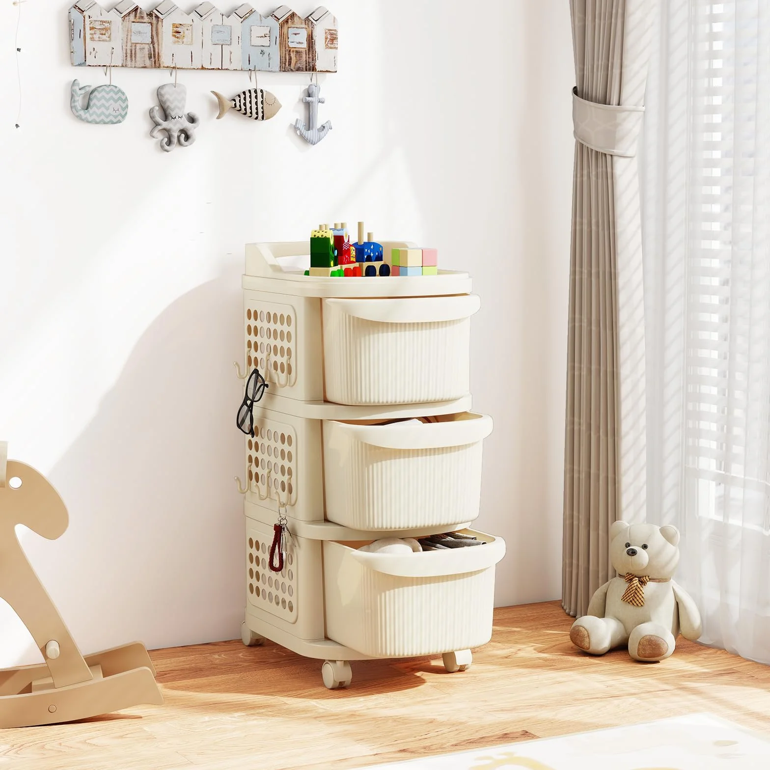 COSTWAY Wąska szafka wnękowa na kółkach, regał wnękowy o szerokości 30 cm, wózek wnękowy z 3 szufladami, pegboard, uchwyt i 6 haczyków, wózek łazienkowy, oszczędność miejsca, wózek do łazienki, kuchni