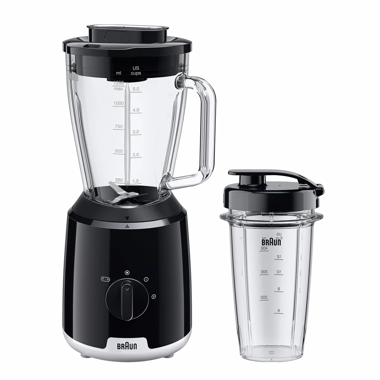 Braun PowerBlend 1 JB1051BK Blender stołowy ze szklanką Smoothie2Go, blender z trójkątnym szklanym dzbankiem, 2 prędkości, funkcja rozdrabniania lodu, 600 W, czarny