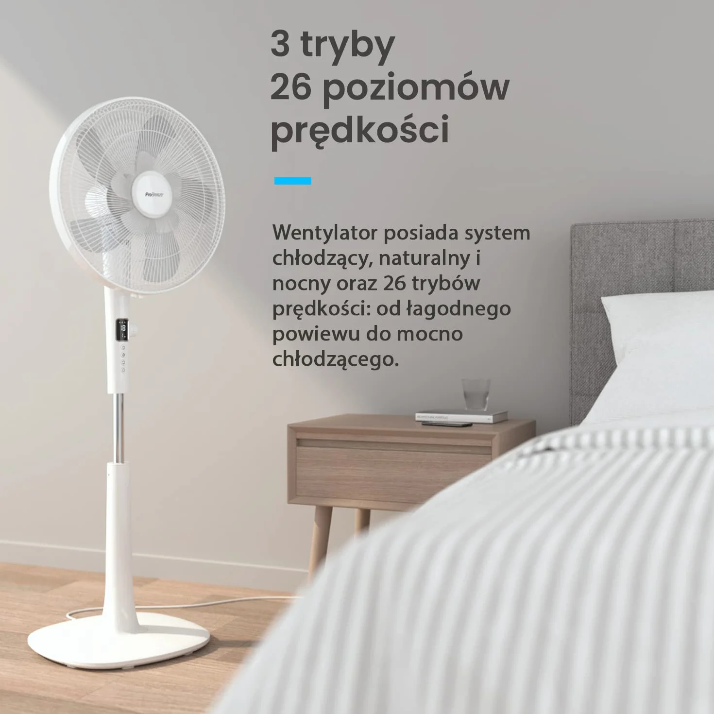 Pro Breeze Wiatrak Stojący Oscylujący 28W, Duży Pionowy Cichy Wentylator Podłogowy z Silnikiem DC, 40cm, 26 Prędkości, Biały