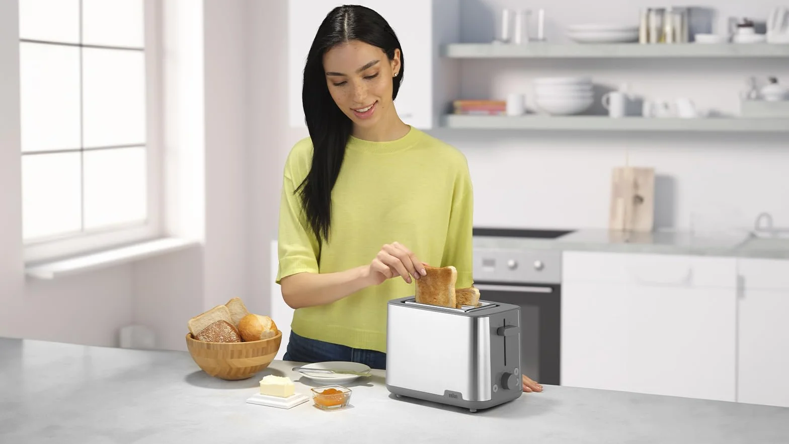Braun PurShine HT1510GY, 2-gniazdowy toster, 8 poziomów opiekania, funkcje ogrzewania i rozmrażania, taca na okruchy, 900 W, szary