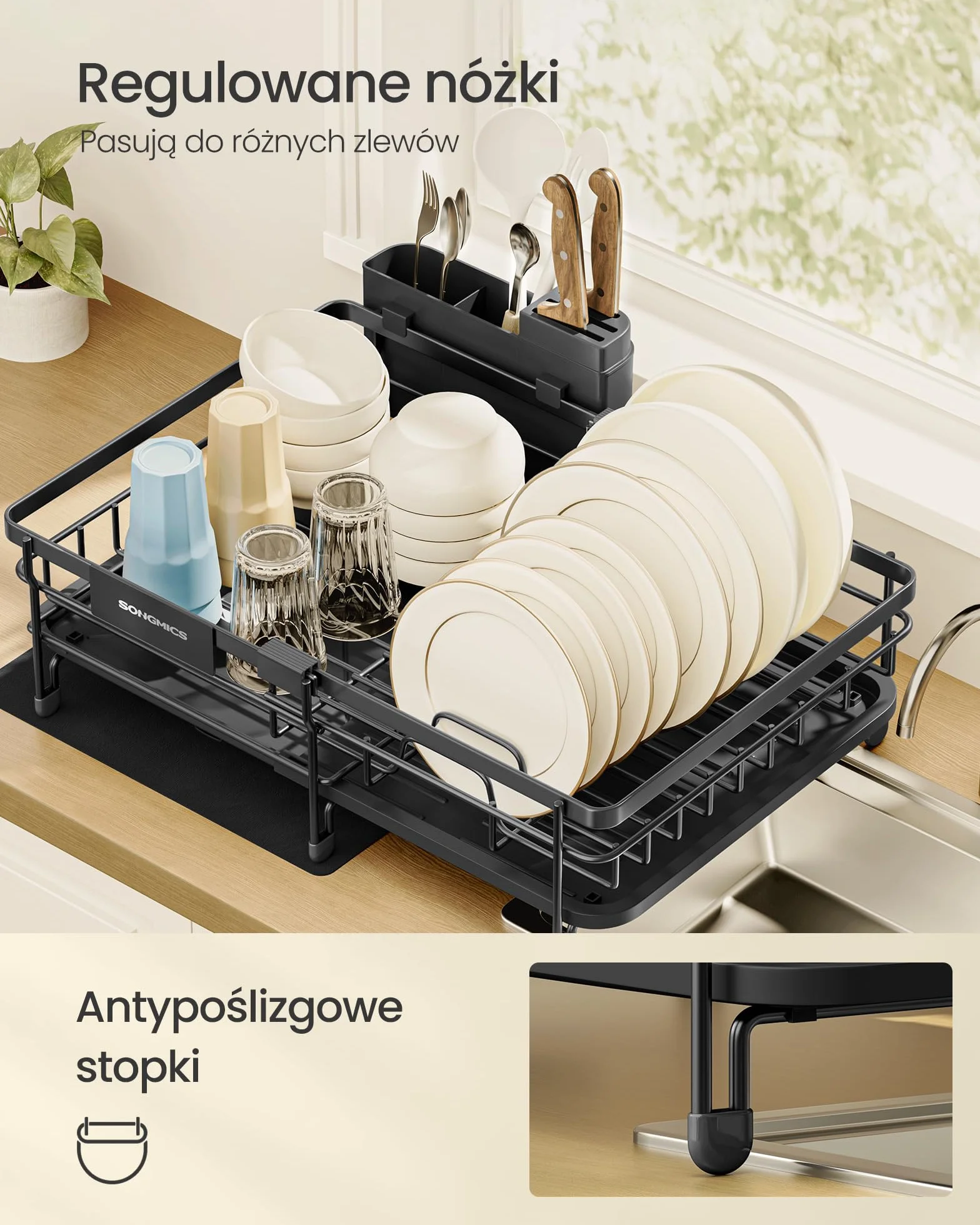 SONGMICS Stojak do suszenia naczyń, duży wysuwany ociekacz do małych pomieszczeń, obracana o 360°, płyta odpływowa, stal, 30,2-46,5 x 29,6 x 14 cm, czarny atrament KCS556BH01