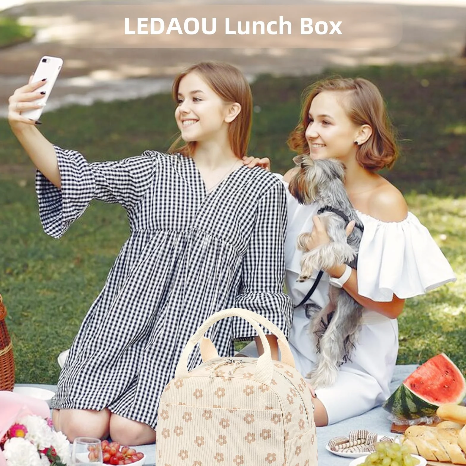 LEDAOU Izolowane pudełko na lunch dla kobiet, wielokrotnego użytku, sztruksowe, szczelne, termiczne, chłodzące, duża pojemność (kwiat khaki 95)