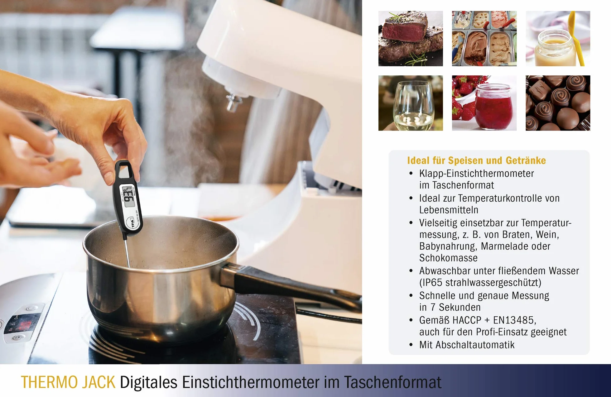 TFA Dostmann Thermo Jack cwkłuwalny/wtykowy termometr cyfrowy, 30.1047.01, kontrola produktów spozywczych, zmywalny, czarny