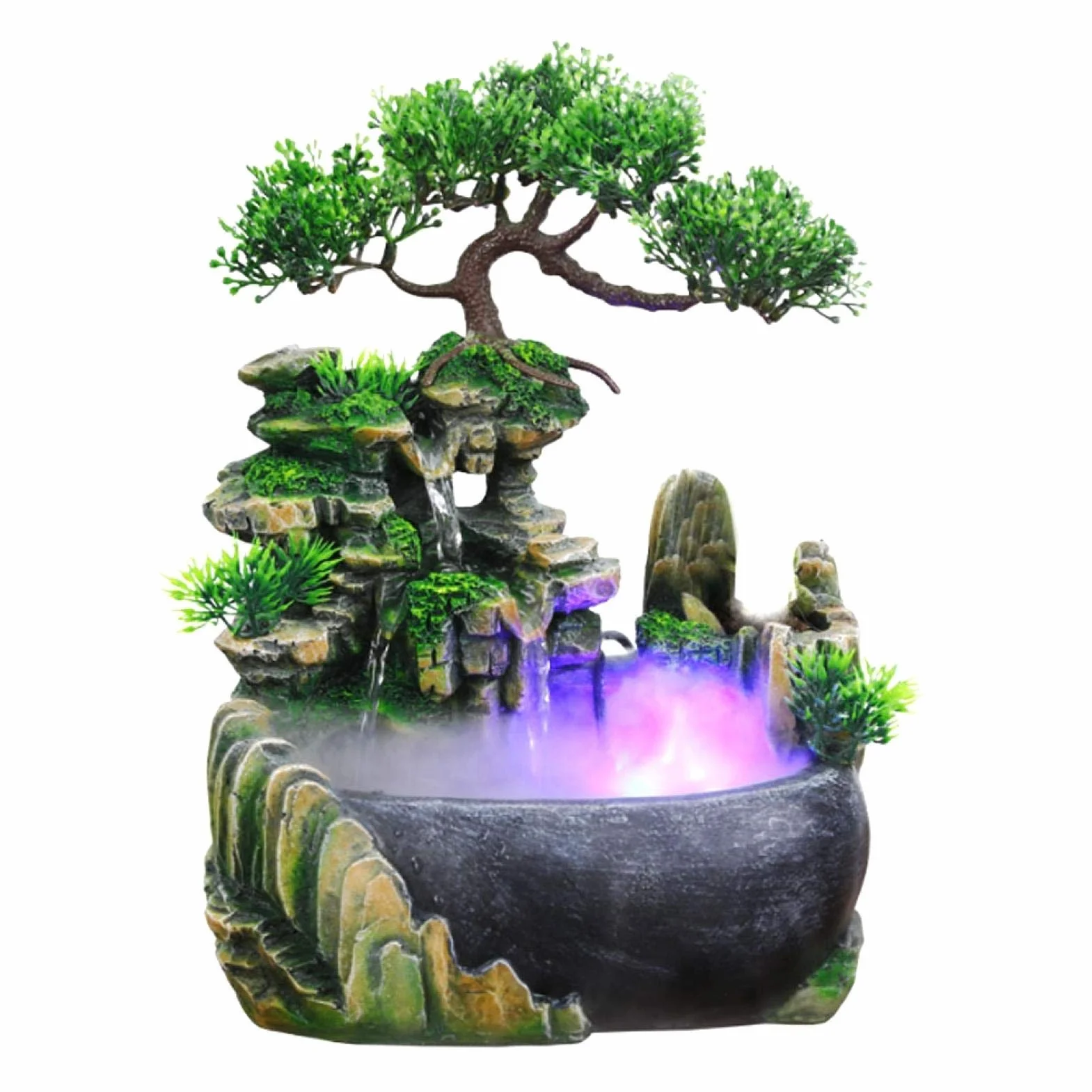 Fontanna na biurko, fontanna LED z wodospadem ze zmianą koloru, wewnętrzna fontanna na biurko do dekoracji biurka Symulacja Rockery Humidifier Decor (EU 220V)
