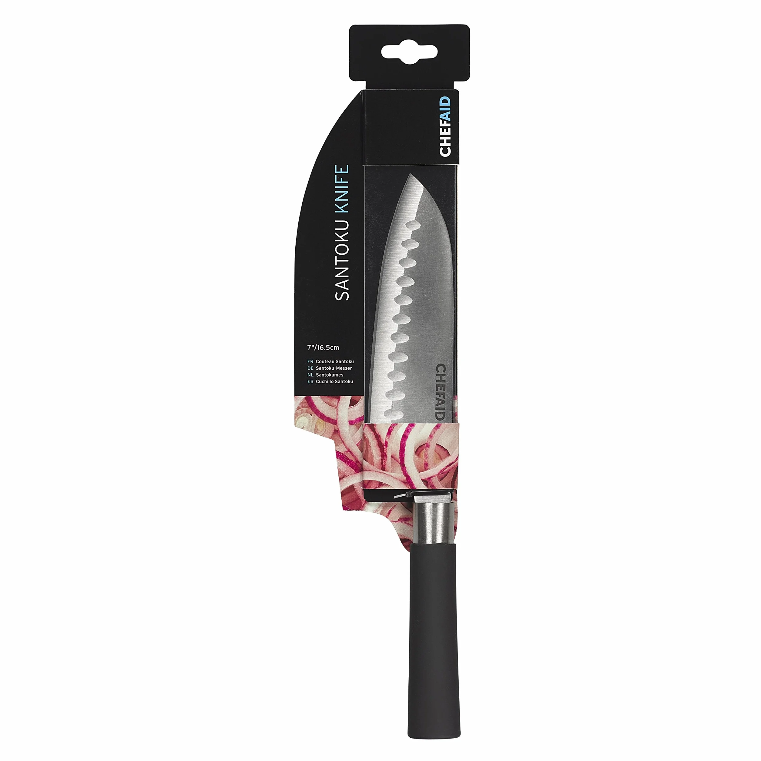 Chef Aid Nóż Santoku ze stali nierdzewnej, 7 cali (18 cm) – miękki uchwyt, wszechstronne ostrze, idealny do krojenia i krojenia w kostkę, zalecane mycie ręczne