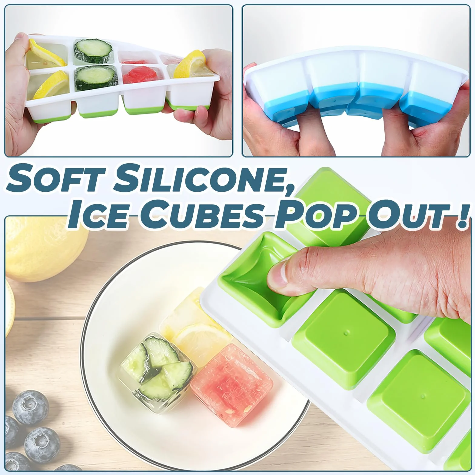 Duża Foremka do Lodu z Pokrywką, Jrsibo 2-szt Silikonowa Taca na Kostki Lodu Bezpieczny i Wolny od BPA, Forma do Kostek Lodu Ice Cube Tray Formy Lodowe do Koktajli, Piwa, Whisky (Niebieski)