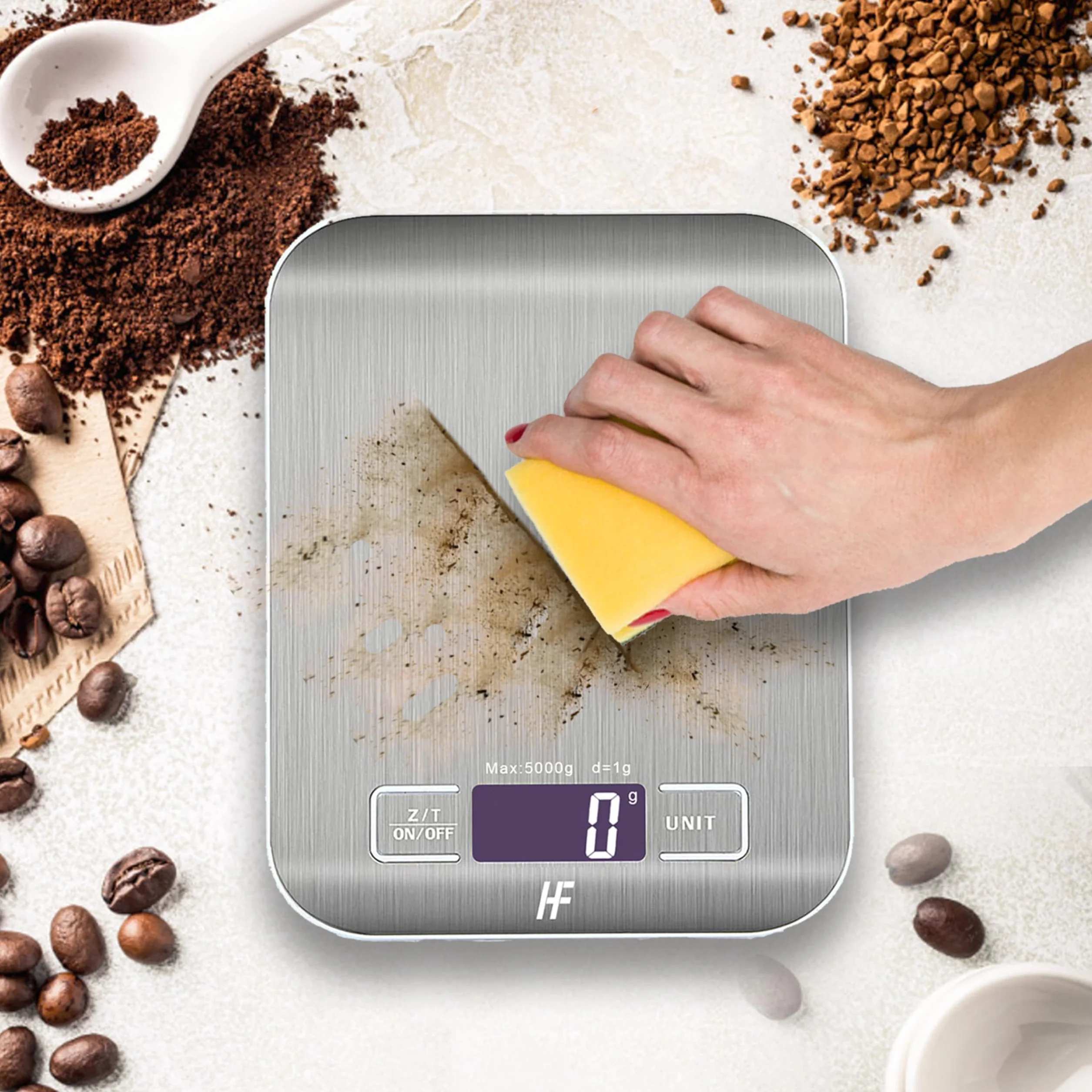 Home Fashion Cyfrowa Waga Kuchenna - Udźwig 5kg/11lb z Precyzją 1g - Waga Spożywcza ze Stali Nierdzewnej do Gotowania i Pieczenia, Podświetlany LCD, Funkcja Tary, 5 Jednostek, 18x14cm - Srebrna