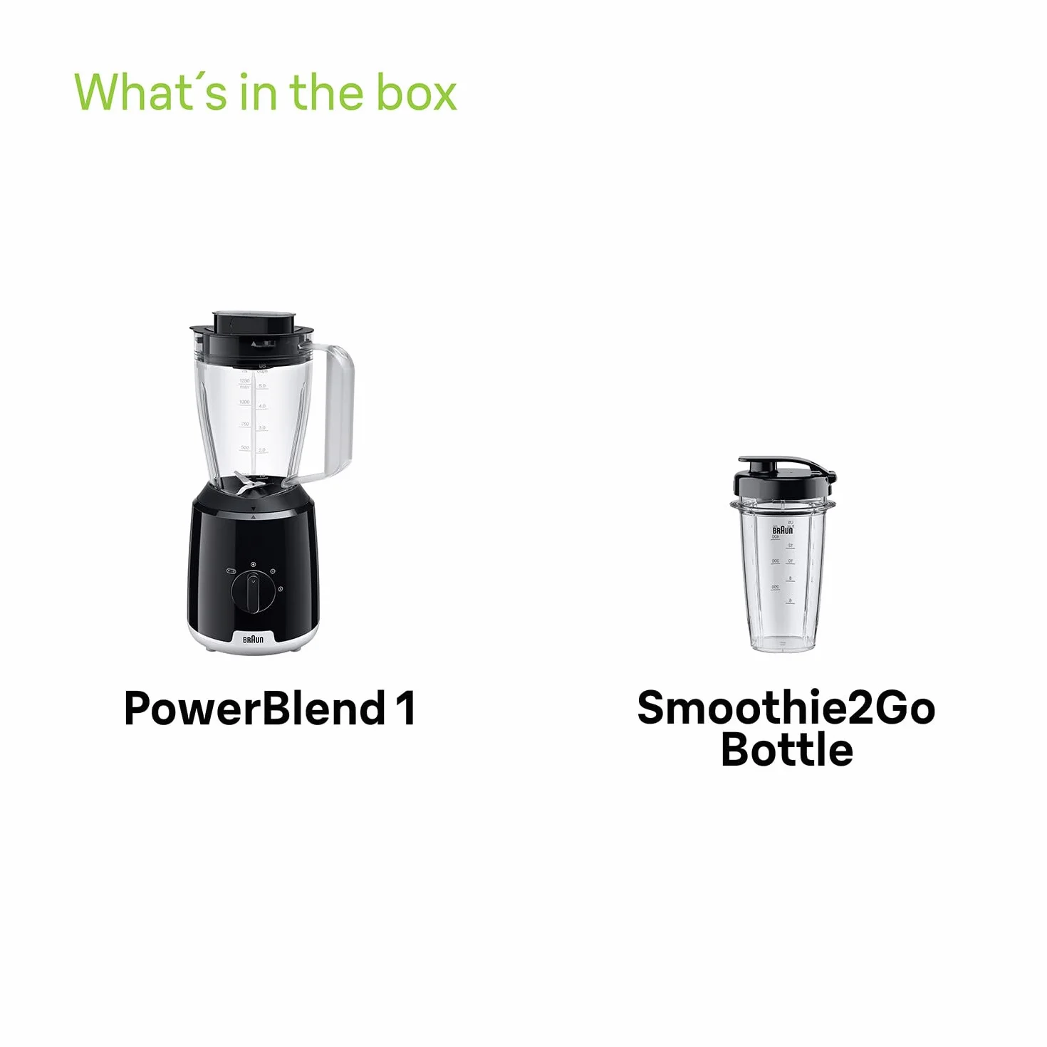 Braun PowerBlend 1 JB1051BK Blender stołowy ze szklanką Smoothie2Go, blender z trójkątnym szklanym dzbankiem, 2 prędkości, funkcja rozdrabniania lodu, 600 W, czarny