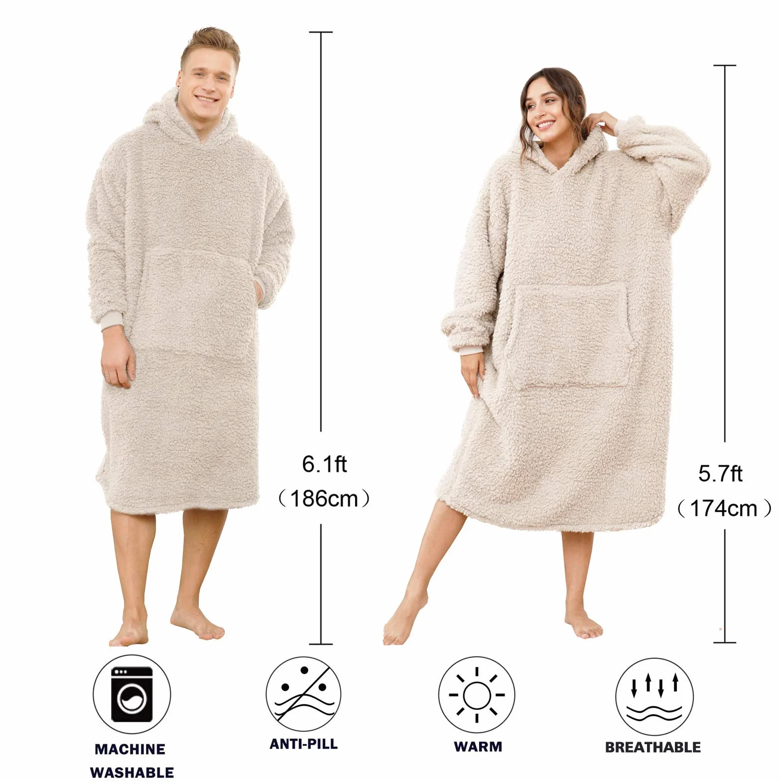 Bluza z kapturem Oversize Sherpa dla kobiet i mężczyzn ciepły koc kudłaty sweter Beżowy