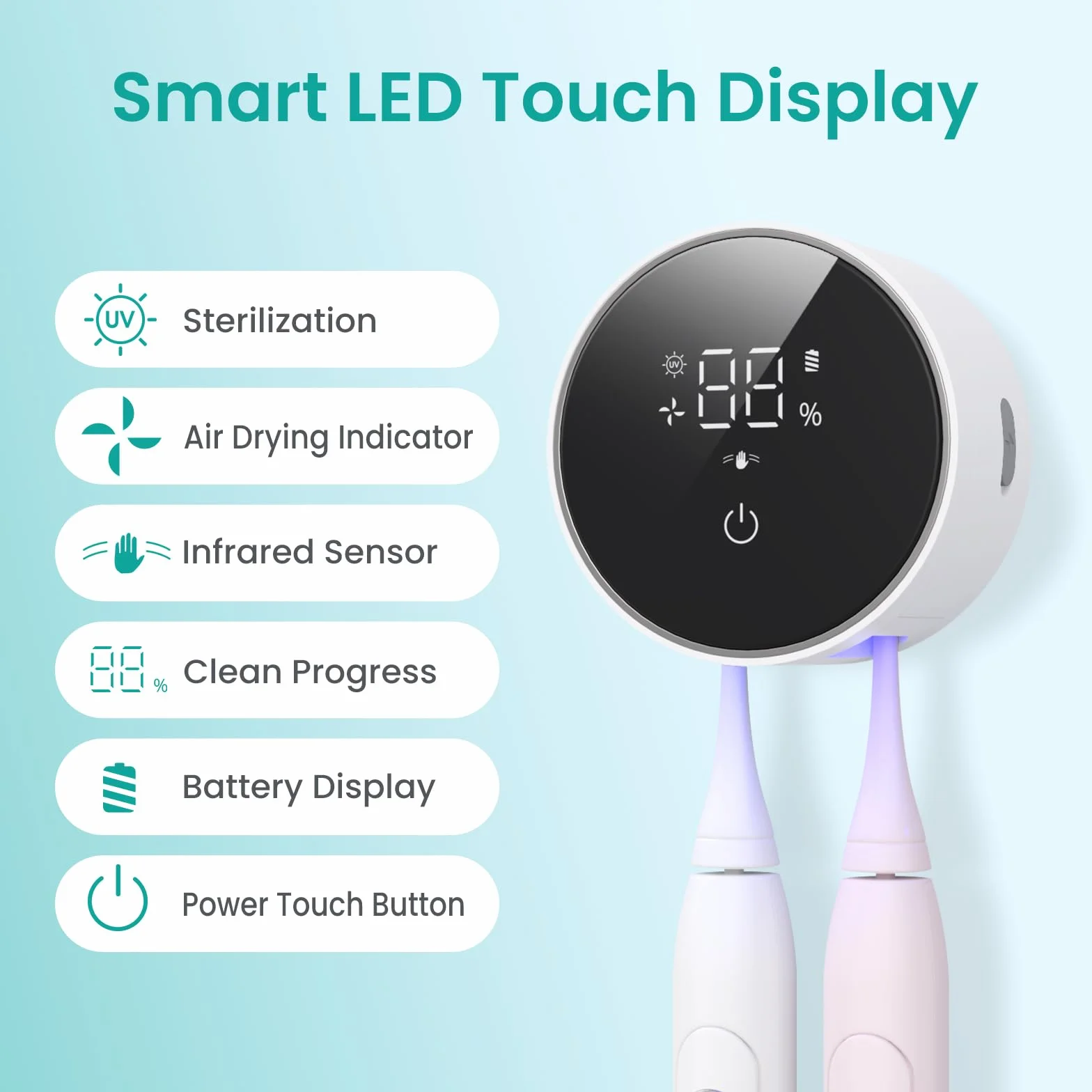 LifeBasis Sterylizator szczoteczek do zębów UV z wyświetlaczem LED do sterylizacji UV i suszenia w stałej temperaturze Elektryczne szczoteczki do zębów, montowane na ścianie, akumulatorowe