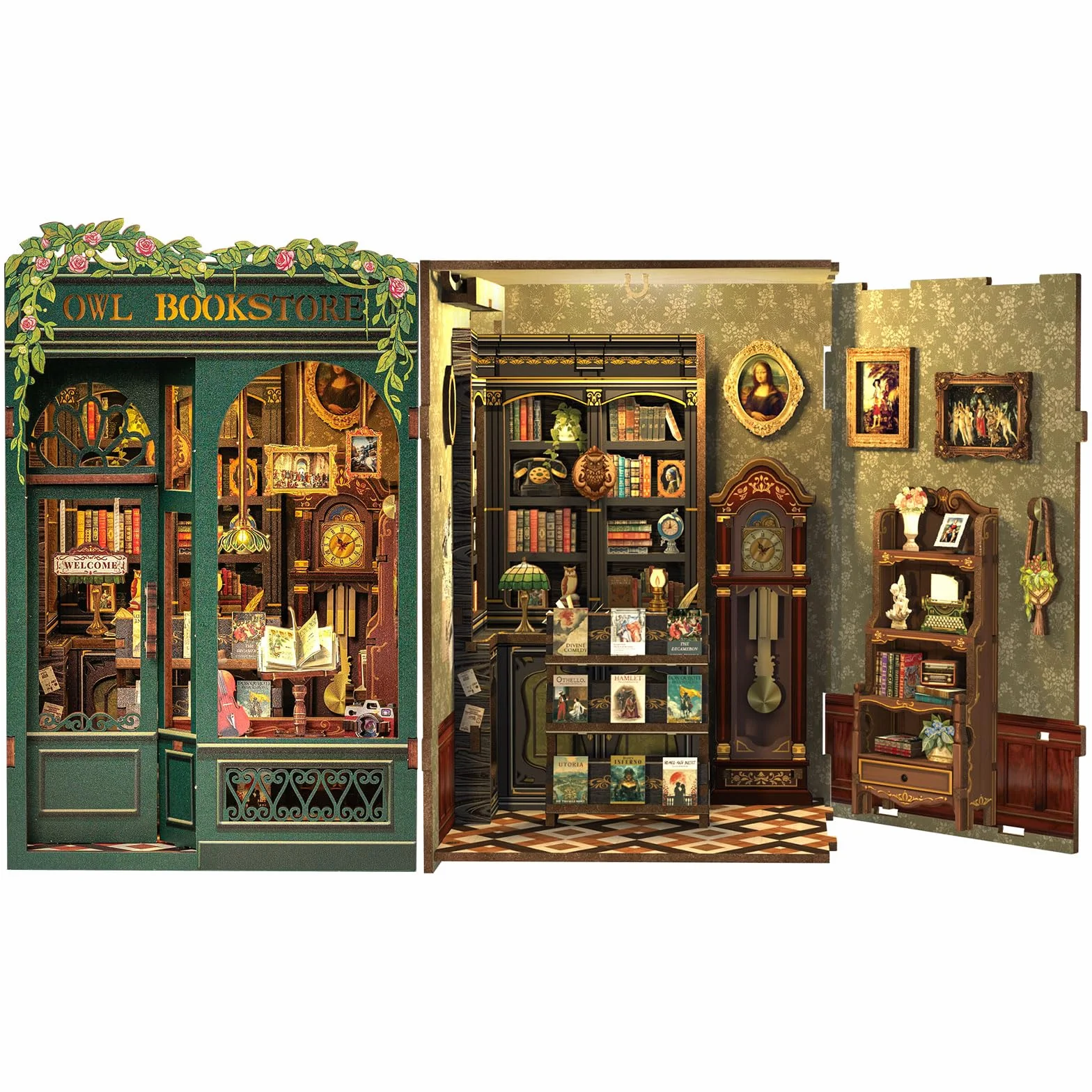 Fsolis Book Nook DIY zestaw, domki dla lalek, dekoracja regału na książki, zestaw modelarski dla dorosłych, kreatywny prezent (Owl Bookstore)