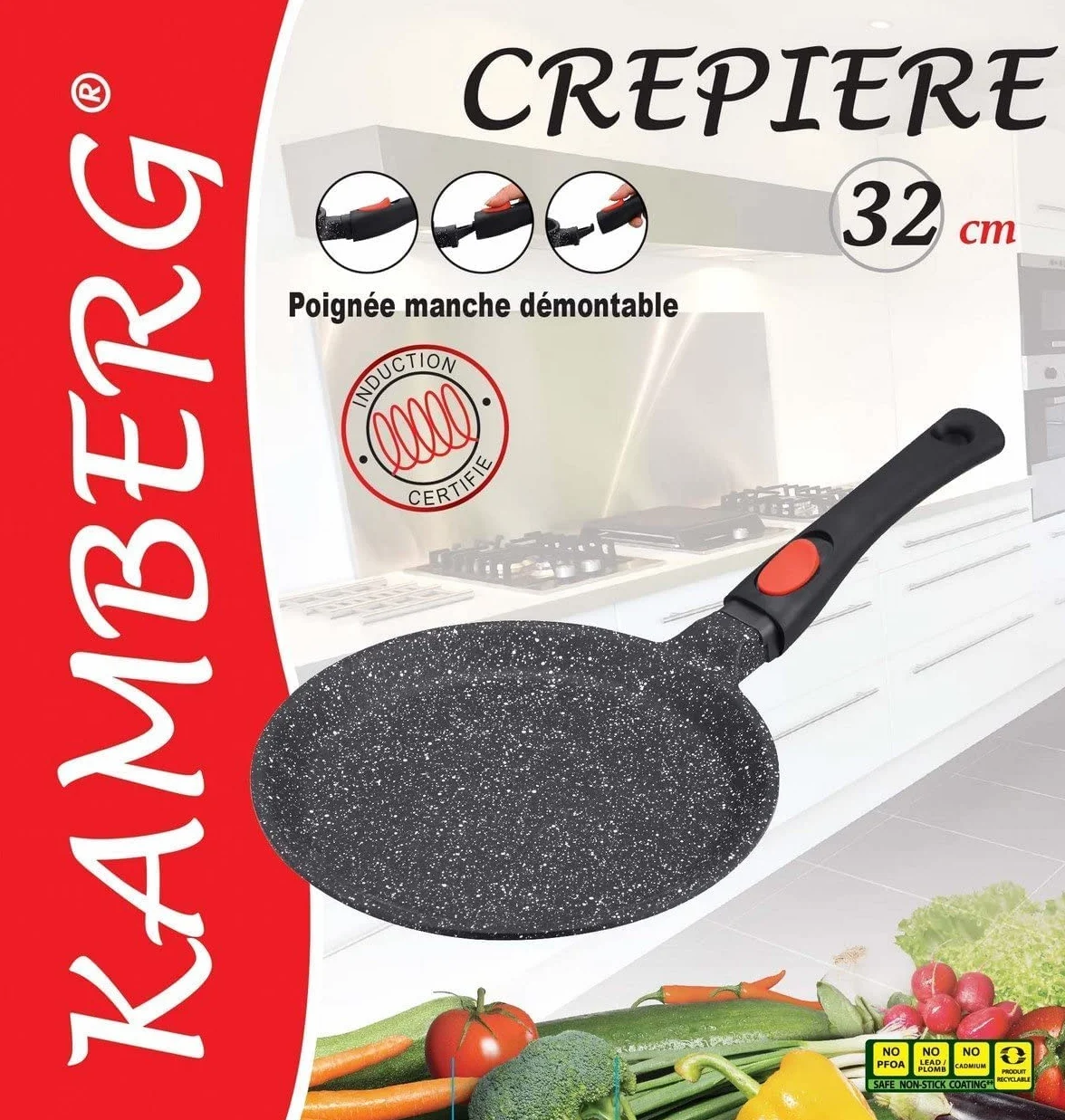 Kamberg – patelnia do naleśników, 32 cm, zdejmowany uchwyt, odlew aluminiowy, powłoka o wyglądzie kamienia, do wszystkich rodzajów kuchenek, również indukcyjnych, nie zawiera PFOA, aluminium