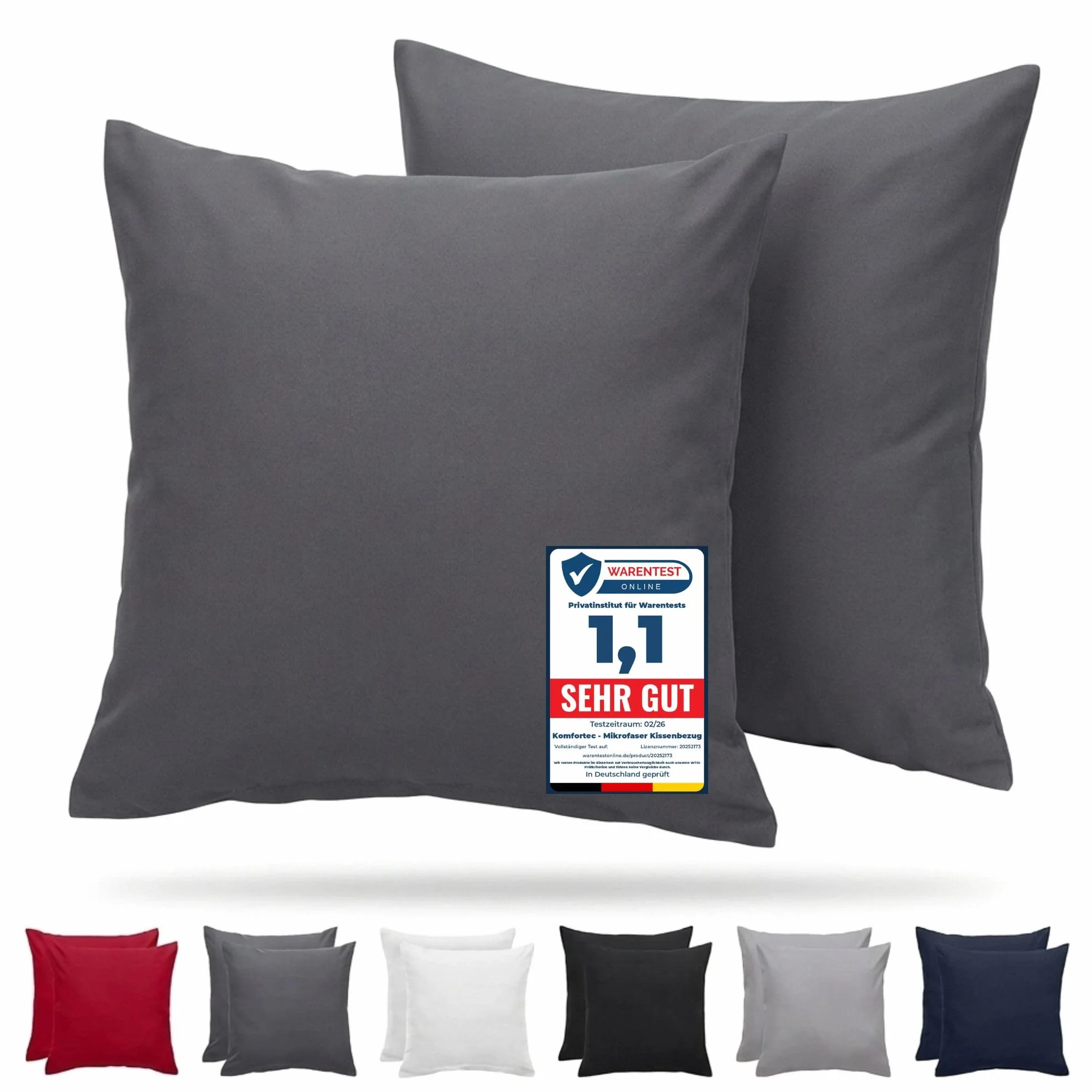 Komfortec Poszewka na poduszkę 40 x 40 cm, zestaw 2 sztuk, 100% mikrofibra, miękka i oddychająca, z zamkiem błyskawicznym, nadaje się do prania i pielęgnacji, antracytowa