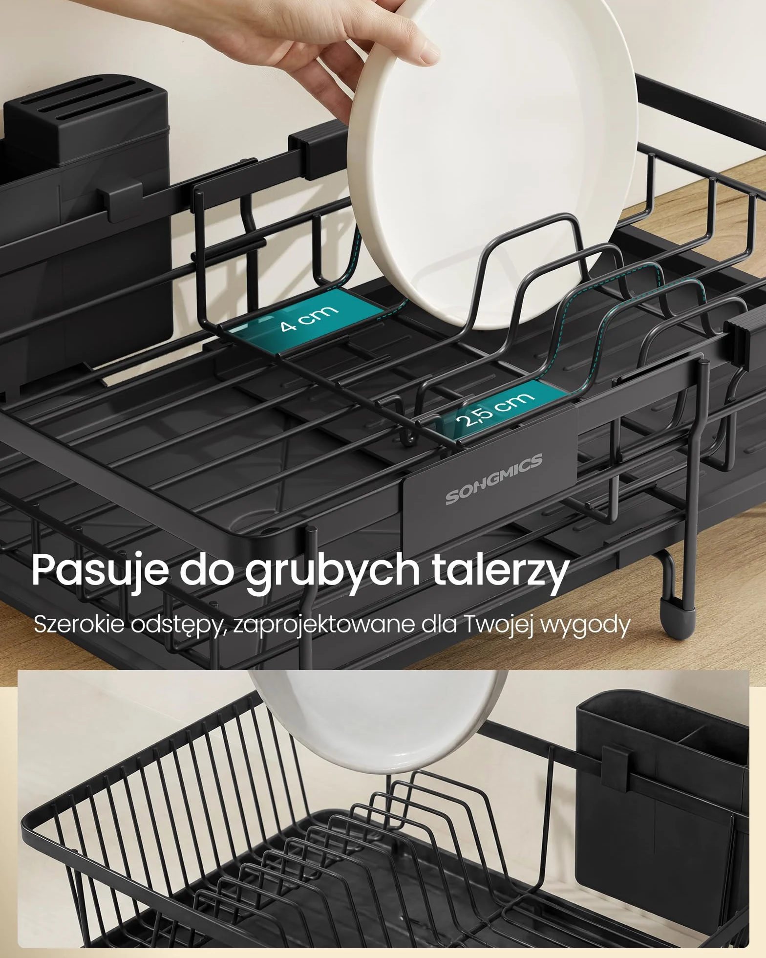 SONGMICS Stojak do suszenia naczyń, duży wysuwany ociekacz do małych pomieszczeń, obracana o 360°, płyta odpływowa, stal, 30,2-46,5 x 29,6 x 14 cm, czarny atrament KCS556BH01