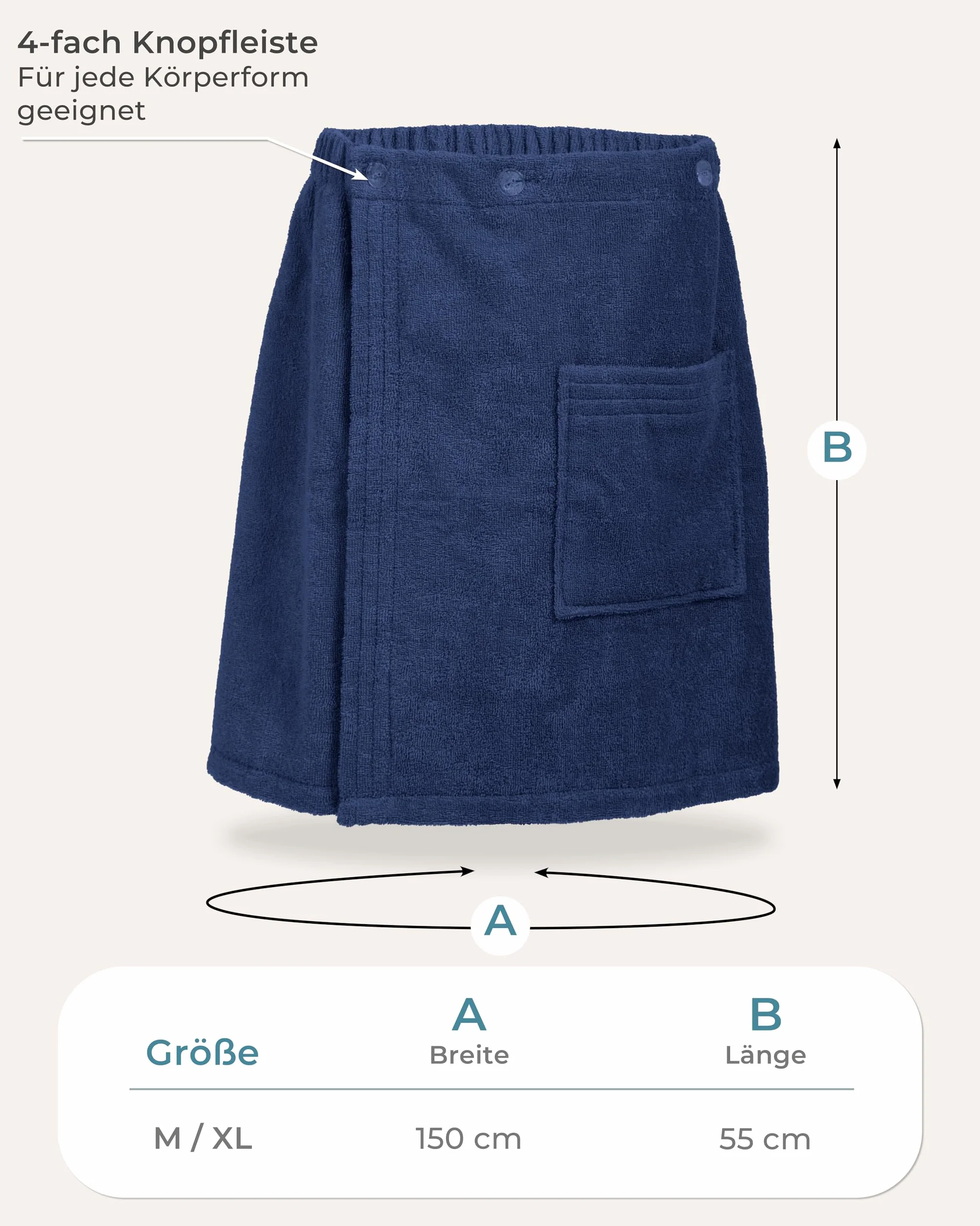LAYNENBURG Męski kilt do sauny premium z zapięciem na guziki – 100% bawełna – Öko-Tex 100 – męski ręcznik do sauny – frotte, gumowy ściągacz do wellness, spa i sauny (M-XL ciemnoniebieski)