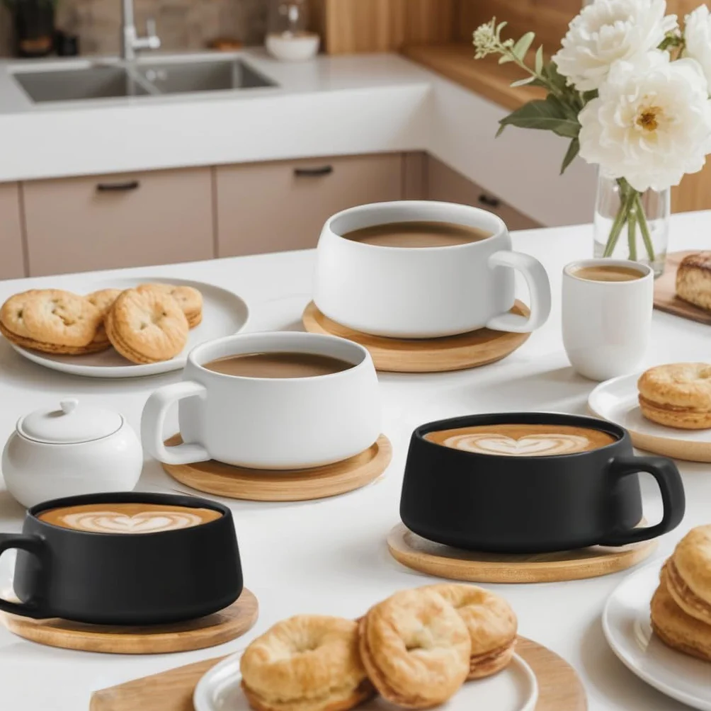 VETIN komplet filiżanek do cappuccino porcelanowych marmurowych 300 ml z drewnianym krążkiem 4 sztuki