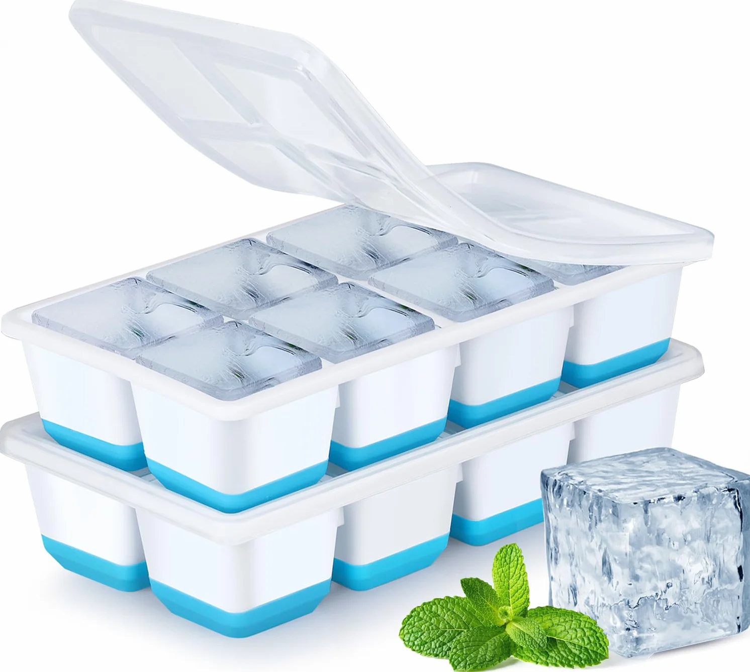 Duża Foremka do Lodu z Pokrywką, Jrsibo 2-szt Silikonowa Taca na Kostki Lodu Bezpieczny i Wolny od BPA, Forma do Kostek Lodu Ice Cube Tray Formy Lodowe do Koktajli, Piwa, Whisky (Niebieski)