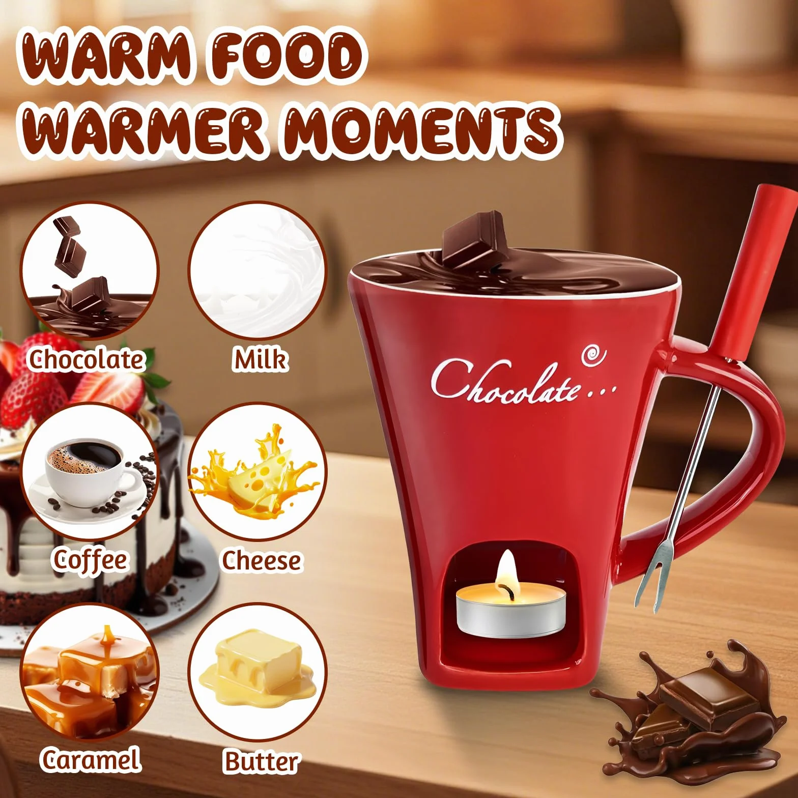 Kubek do fondue czekoladowego z widelcem, ceramiczna filiżanka do topienia czekolady, podgrzewacz do masła, podgrzewacz do sera, kubek do topienia czekolady na randkę, prezent urodzinowy, ślubny (bez