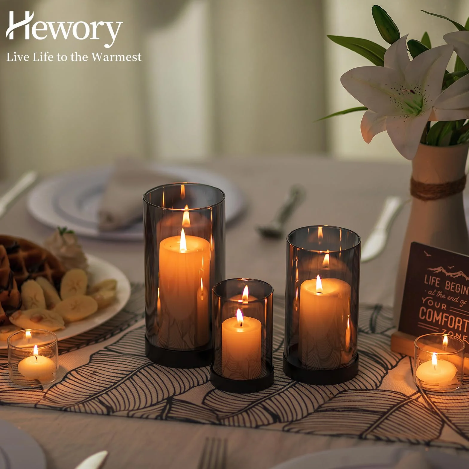 Hewory Szklany Świecznik Zestaw 6 Szt. Czarny Cylindryczny Lampion na Świece Dekoracja