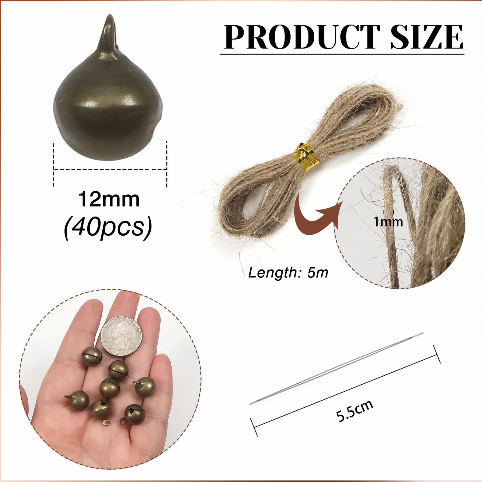 TOAOB Zestaw 40 małych dzwonków 12 mm, antyczne, brązowe, dzwoneczki, dzwoneczki, mini dzwonki z liną konopną, 5 metrów, do kreatywnej dekoracji, tworzenia biżuterii