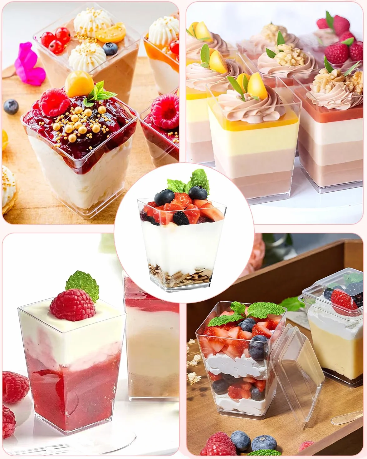 50 sztuk deserowych plastikowych szklanek, 160 ml kubków do deserów z pokrywkami i łyżeczkami, 50 sztuk wielokrotnego użytku do domowych deserów, budyń, mus, lody, przyjęcia