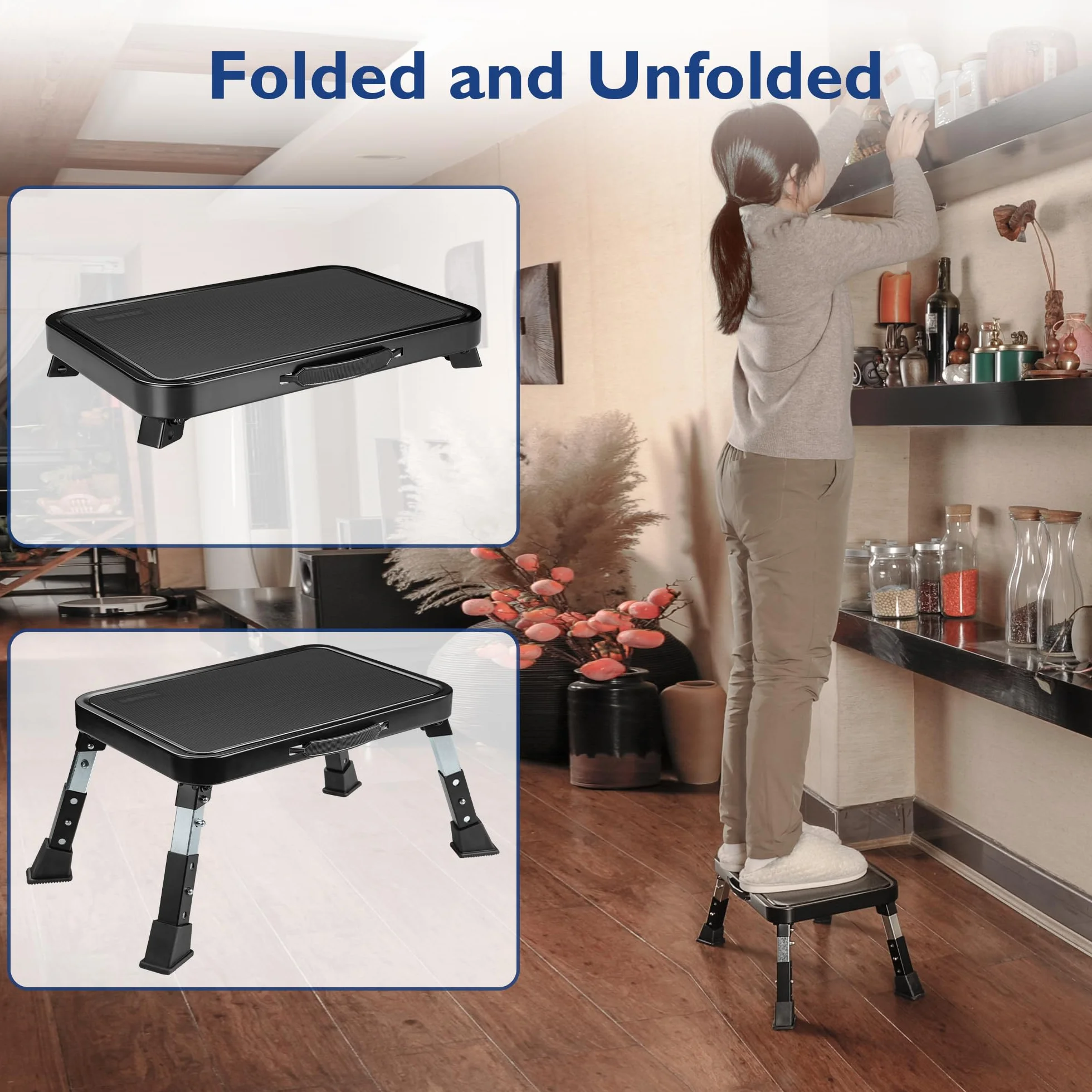 BONTEC Taburete Plegable 3 Niveles Ajustable en Altura, Soporta 330 Libras, Antideslizante