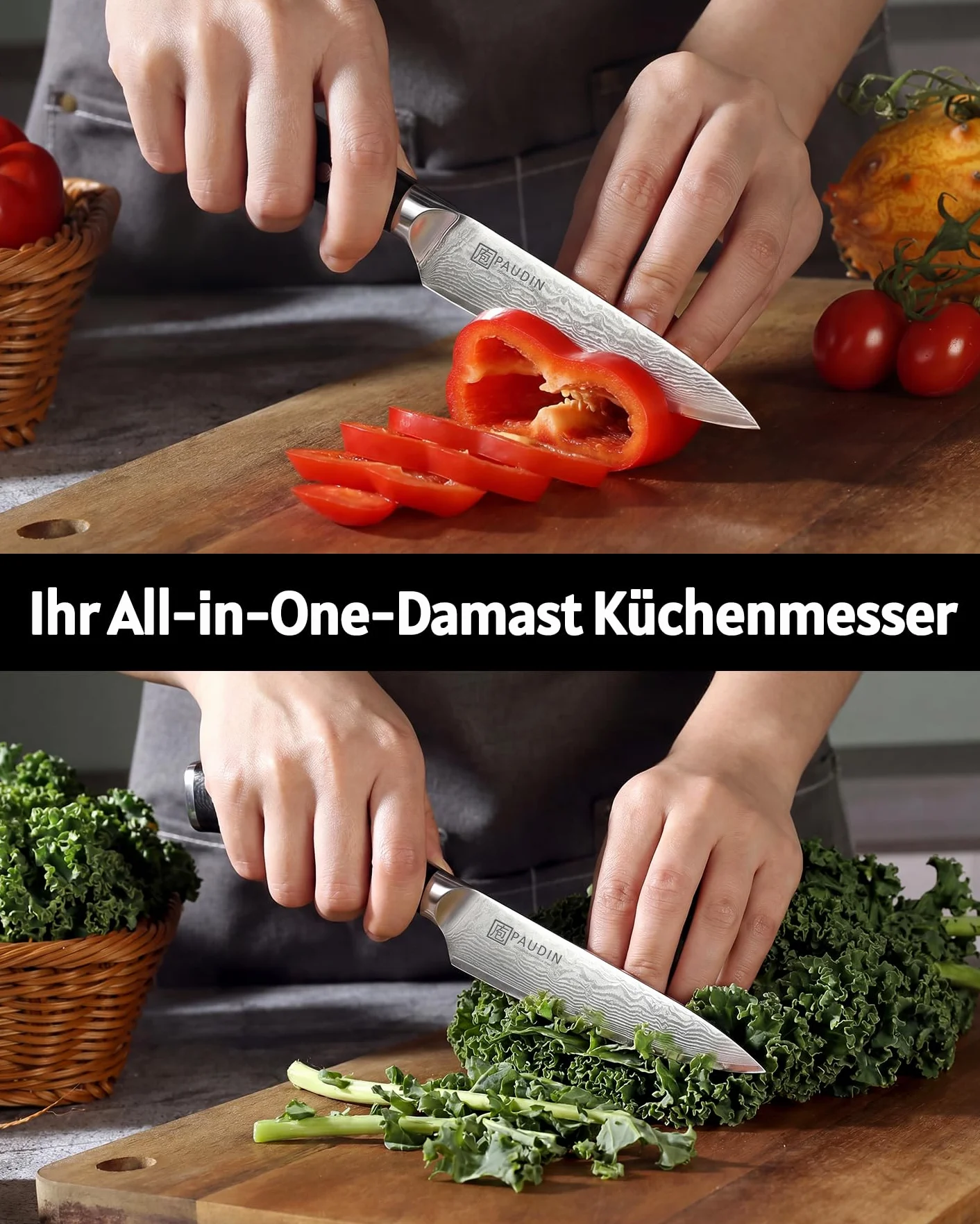 PAUDIN Nóż damasceński 13 cm nóż uniwersalny nóż szefa kuchni nóż szefa kuchni profesjonalny nóż kuchenny ostry nóż z ergonomiczną rękojeścią G10 ze stali damasceńskiej do ryb warzywa owoce mięso