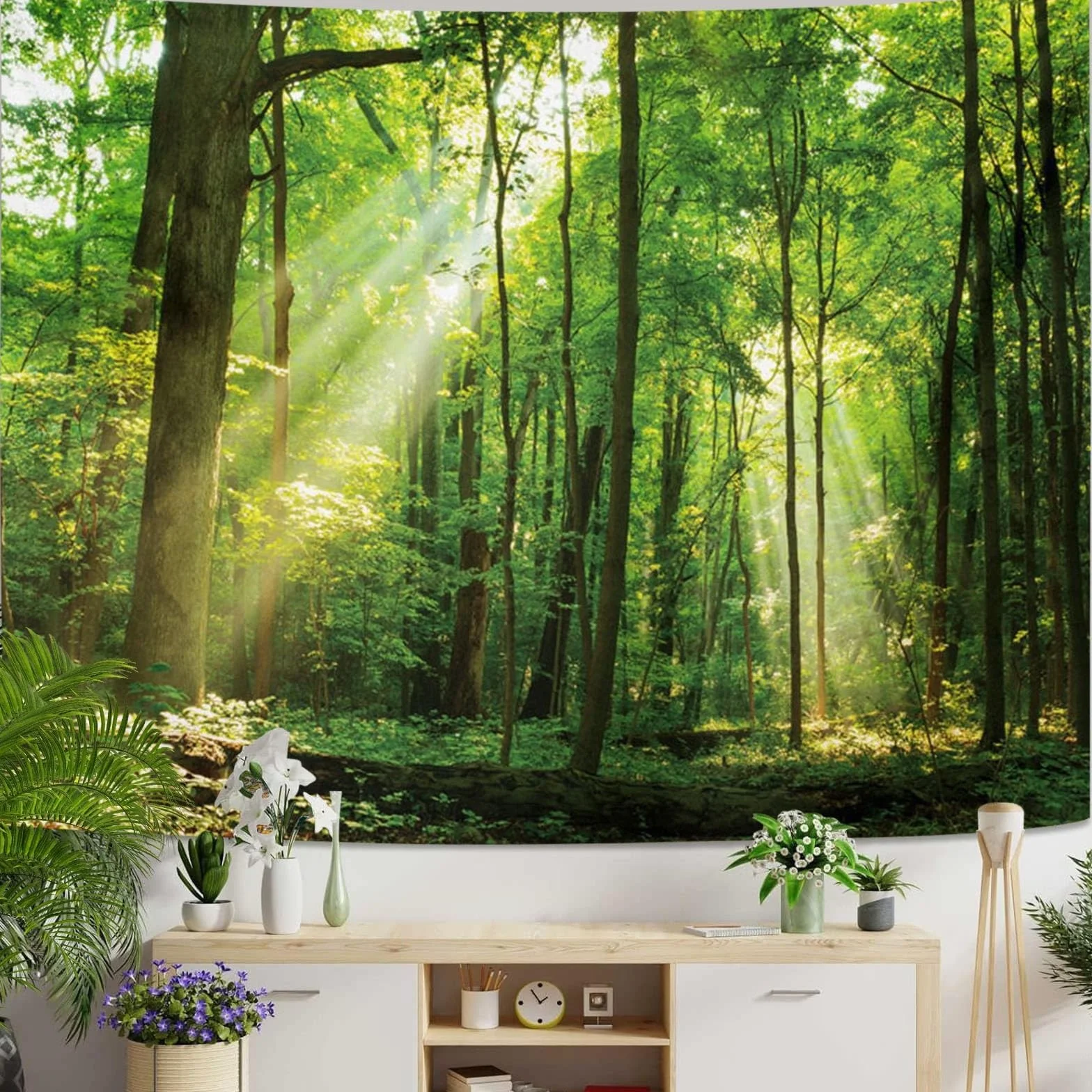 Skcess Dywan ścienny z motywem lasu, 200 x 200 cm, dekoracja ścienna, zielony, dywan ścienny, motyw drzewa, wschodu słońca, gobelin, dżungla, krajobraz, chusta na ścianę
