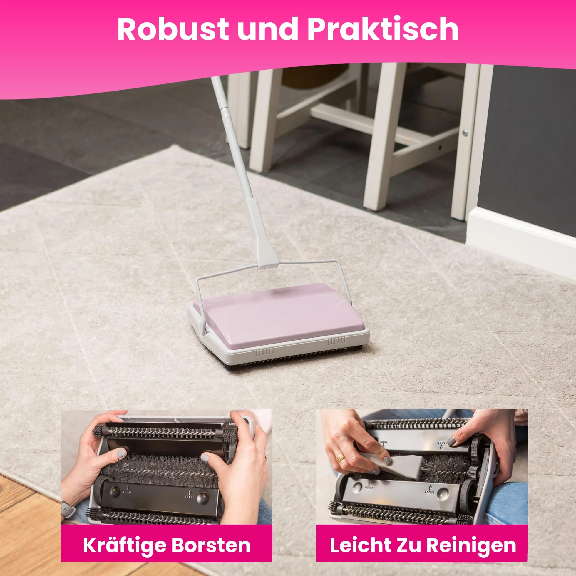 York Miotła mechaniczna wycieczka Miotła do zbierania zabrudzeń Sweep Manual Sweeper Zamiatarka ręczna Mop do dywanów na czterech kołach miękki cienki i kompaktowy szaro-różowy