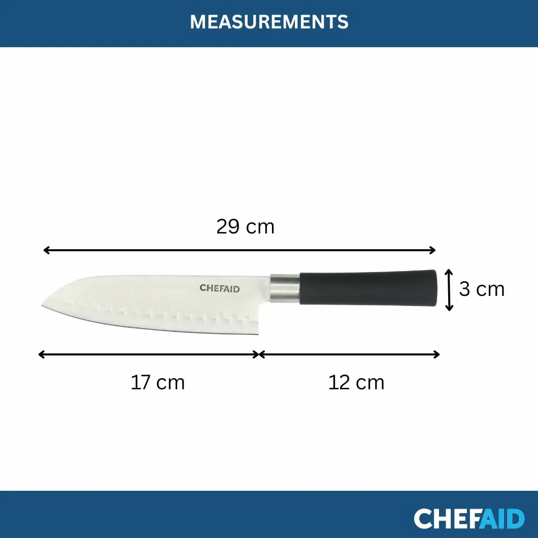 Chef Aid Nóż Santoku ze stali nierdzewnej, 7 cali (18 cm) – miękki uchwyt, wszechstronne ostrze, idealny do krojenia i krojenia w kostkę, zalecane mycie ręczne