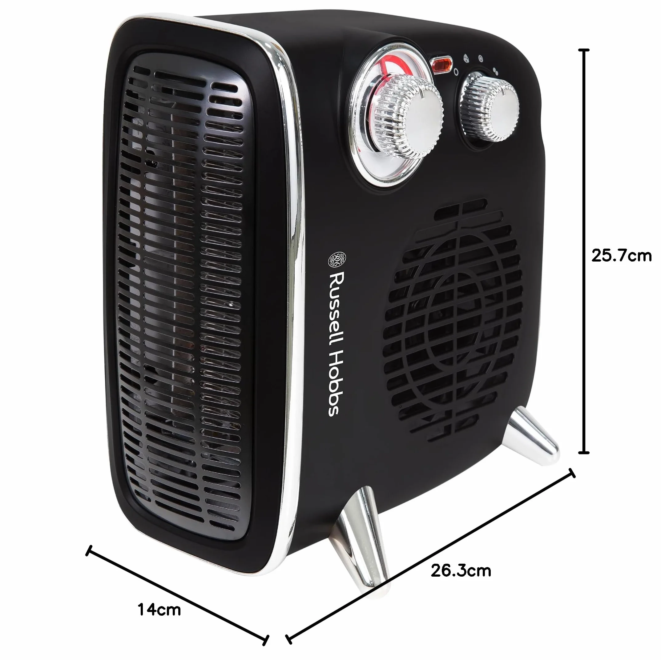 Russell Hobbs RHRETHFH1001B Grzejnik elektryczny 1800 W / 1,8 kW, retro wentylator poziomy/pionowy, z regulowanym termostatem, 2 ustawienia temperatury, 20 m2, sterowanie tarczą, czarny