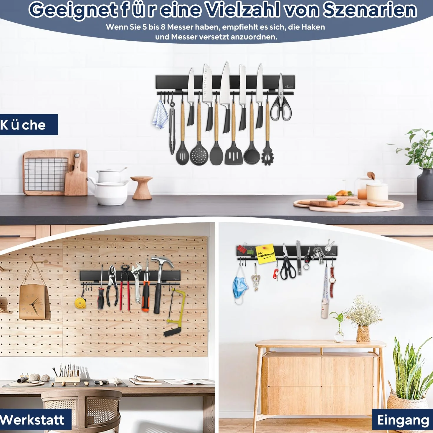 Dmore Listwa magnetyczna na noże z 10 haczykami, 43 cm, uchwyt na noże magnetyczne, czarne, z listwą z haczykami, bardzo samoprzylepny, magnetyczny uchwyt na noże, łącznie z taśmą klejącą i śrubami