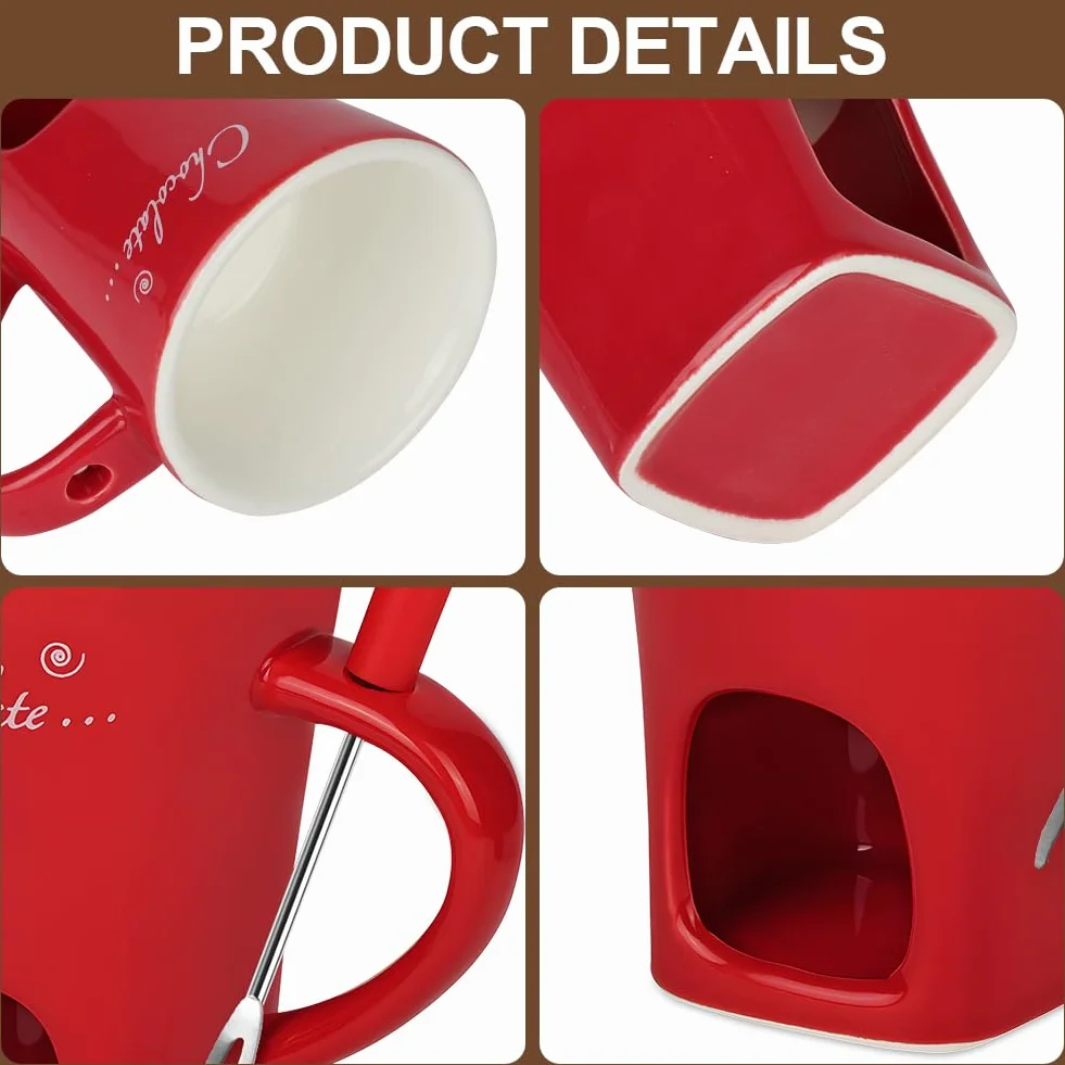 Vicloon Kubek do czekoladowego fondue z widelcami, kubek do topienia czekolady, podgrzewacz sera, ceramiczne kubki do topienia masła, osobisty zestaw do fondue do domu, czerwony